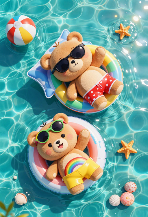 Two cute cartoon teddy bears are relaxing on inflatable swimming rings 🛟 in the sea (top view).
The first bear is wearing black sunglasses 😎 and red shorts with a white pattern, smiling while lying on a colorful air mattress.
The second bear is wearing colorful sunglasses (green) and yellow shorts 🌈, waving happily while lying on another air mattress.
The camera perspective is from above (aerial view) and shows the turquoise water with sunlight reflections ✨.
Small summer elements are floating nearby: a beach ball 🎾, a starfish ⭐, and seashells 🐚.
Mood: fun, playful, with a lively summer atmosphere.
Style: colorful, 3D cartoon, high quality.