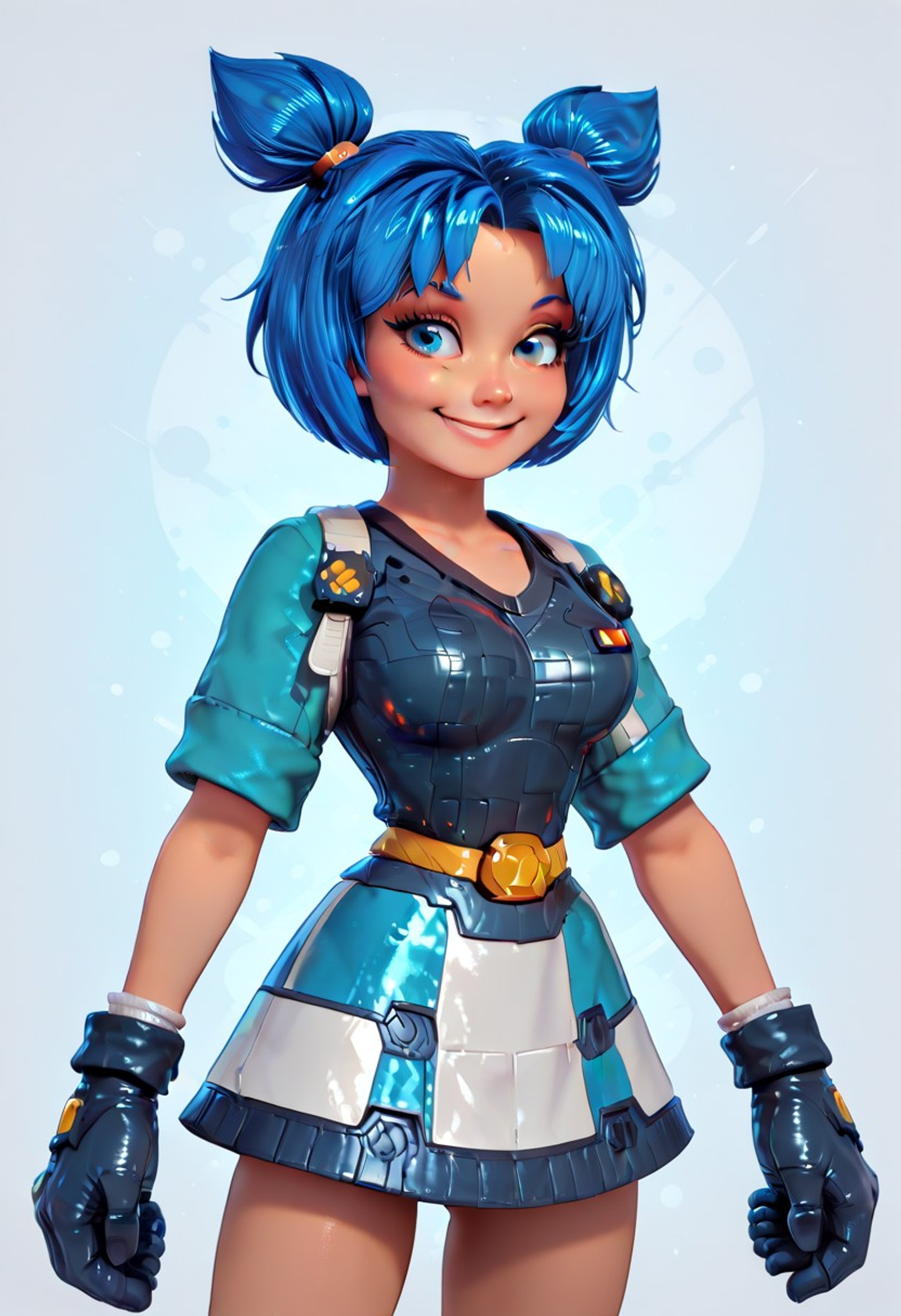 zzVela, blue eyes, blue hair, short hair, twintails, short twintails, gloves, skirt, smile