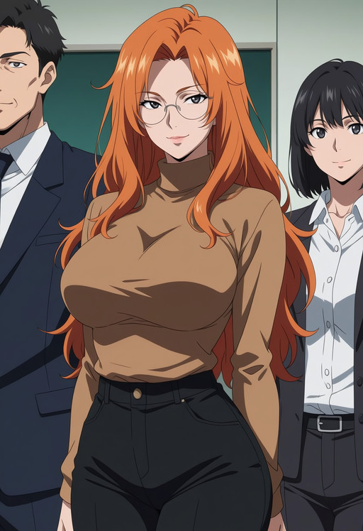 The art style has realistic proportion and mature face shape.
anime, anime coloring, anime screenshot.
1girl, aroused, seductive smile, happy, orange hair, very long hair, messy hair, round eyewear, black eyes,  curvy, large breasts, brown turtleneck sweater, black pants.
solo focus, standing, indoor, classroom. A digital anime-style illustration. A sexy mother is attending a parent-teacher association. She's standing besides other parents. She's the focus of the picture.