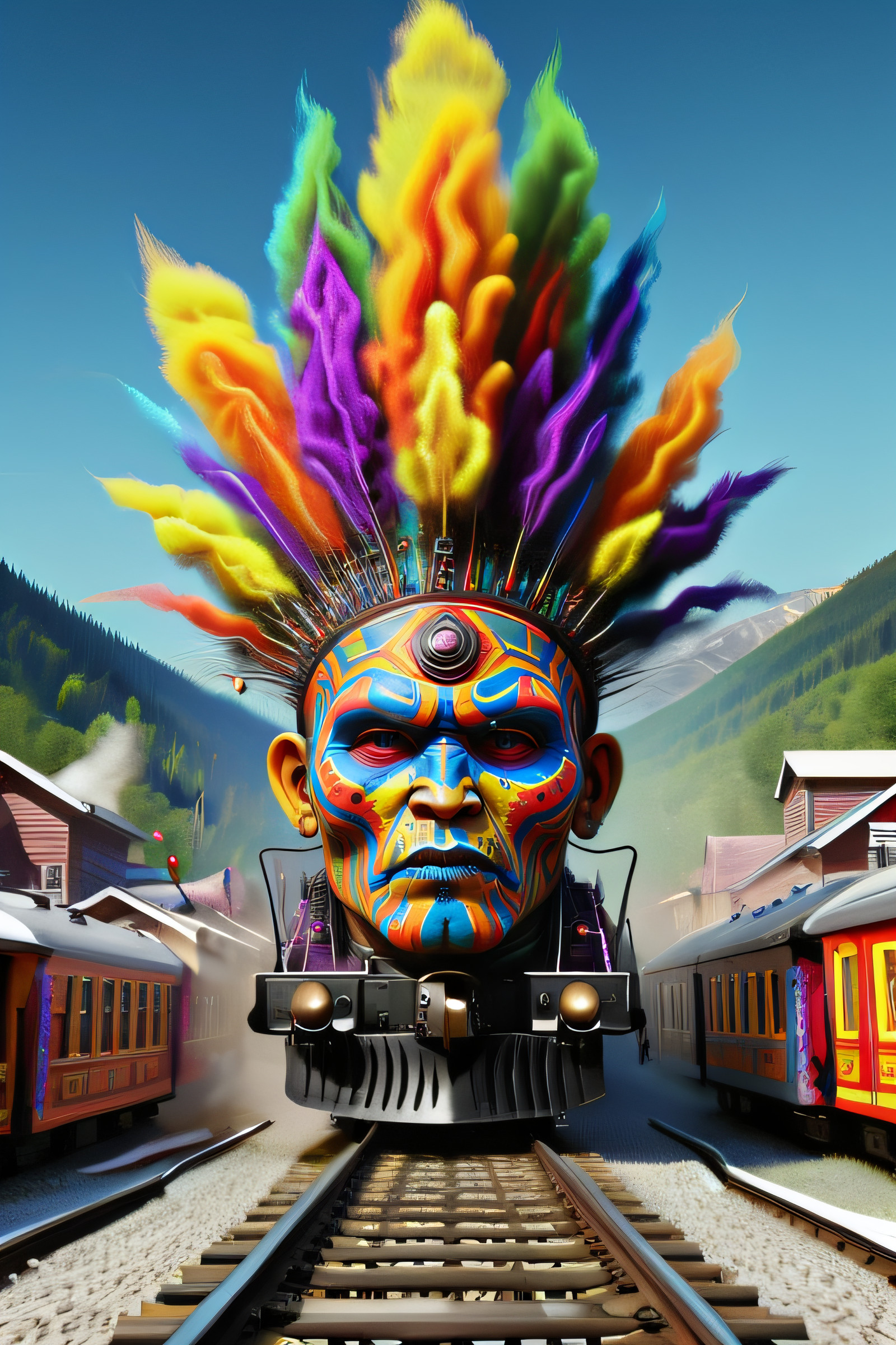 adrr shaman, The Shaman Railroad, steam train coming thru town, tribal village, bright colors, nno humans, humorous, photo realism