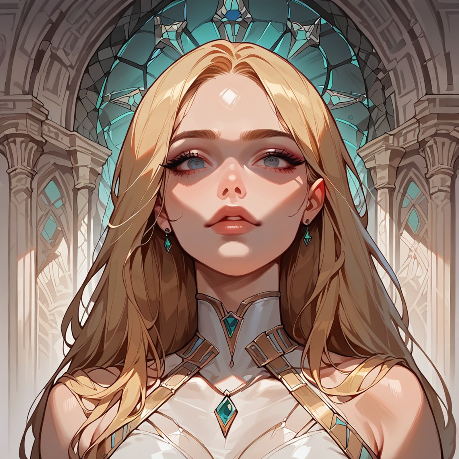 score_9, score_8_up, score_7_up, masterpiece, ( main character: solo, 1 woman, long beautiful, blonde-hair, good_hands, eye_focus , detailed face, tight long skirt, ruined building in background