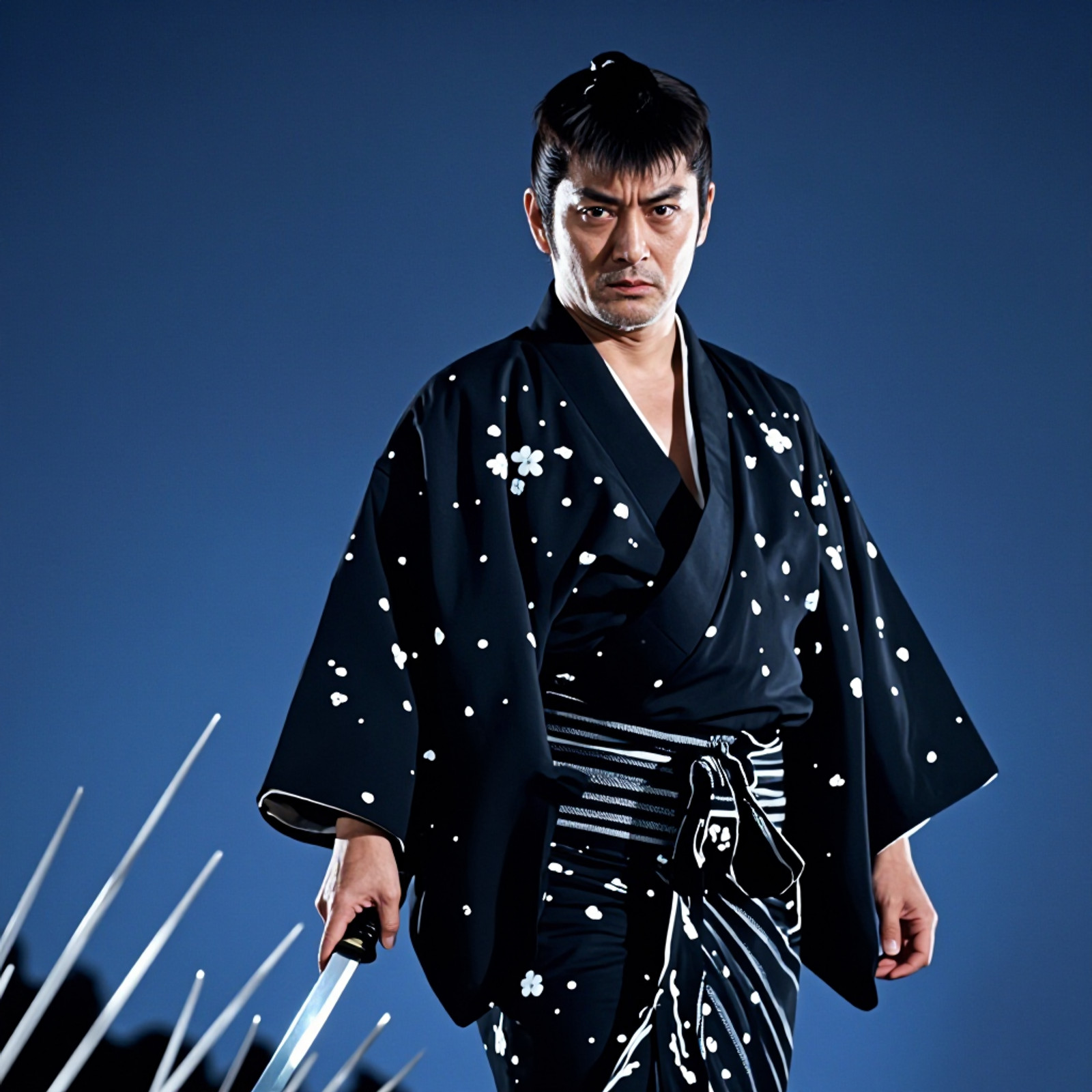 chonmage."A man in traditional Japanese attire stands against a deep blue background, his hair tied back in a topknot, facial features sharp and intense, eyes fixed forward with unwavering gaze. He wears a dark black kimono adorned with white floral patterns, draped over an inner garment that reveals part of his chest. The fabric shows subtle texture and folds, suggesting movement even at rest. His expression conveys determination and solemnity, embodying stoic resolve. A single blade rests beside him, its edge gleaming faintly under soft light, implying readiness for battle or duty. In the lower left corner, blades extend upward toward sky-like heights, creating vertical lines that echo depth and tension across space." <lora:p4j:1> <lora:mushiri:0.90>