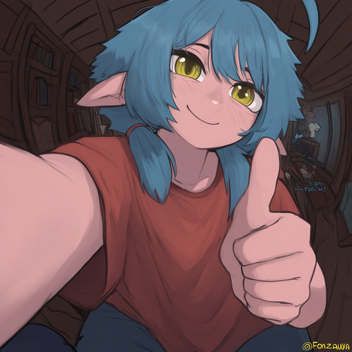 masterpiece, best quality, amazing quality, very aesthetic, absurdres, newest,
<lora:fonzawa_style_NoobVP-r2-000008:0.9> fonzawa,
1girl, solo, petra \(fonzawa\), yellow eyes, blue hair, low twintails, ahoge, elf, 
smile, beaming, thumbs up, perspective, fisheye, (reaching towards viewer:0.5),