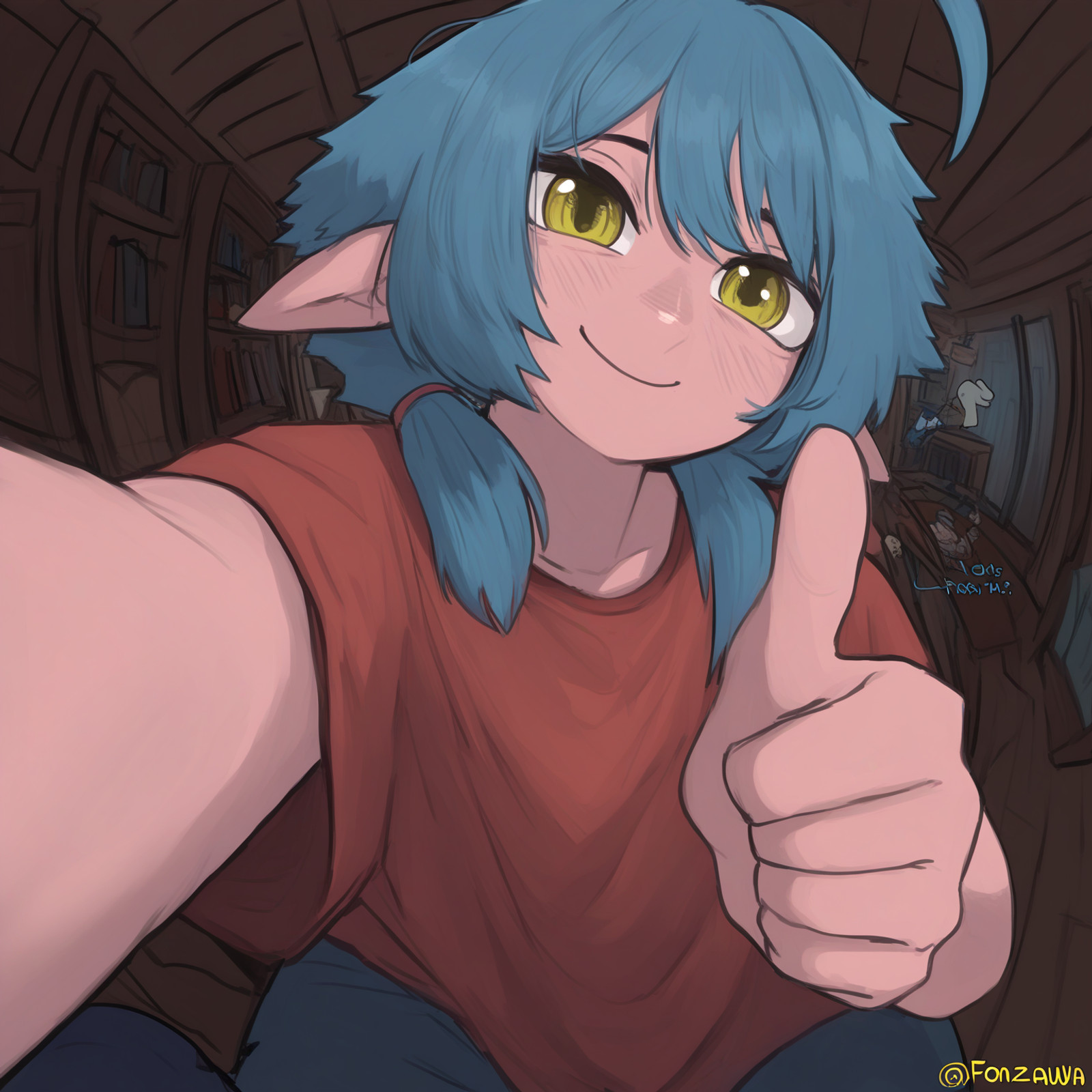 masterpiece, best quality, amazing quality, very aesthetic, absurdres, newest,
<lora:fonzawa_style_NoobVP-r2-000008:0.9> fonzawa,
1girl, solo, petra \(fonzawa\), yellow eyes, blue hair, low twintails, ahoge, elf, 
smile, beaming, thumbs up, perspective, fisheye, (reaching towards viewer:0.5),