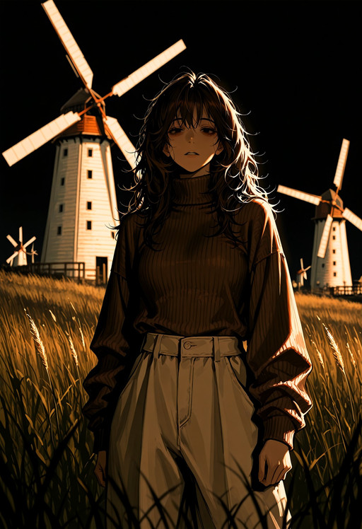 Art8st, masterpiece, best quality, 1girl, adult, mediium hair, messy hair, dark brown hair, black eyes, tired eyes, brown turtleneck sweater, ribbed collar, long sleeves, baggy pants

liminal space, black sky, darkness, dim cold lighting, grass, one windmill in the distance, high contrast, depth of field, dynamic view