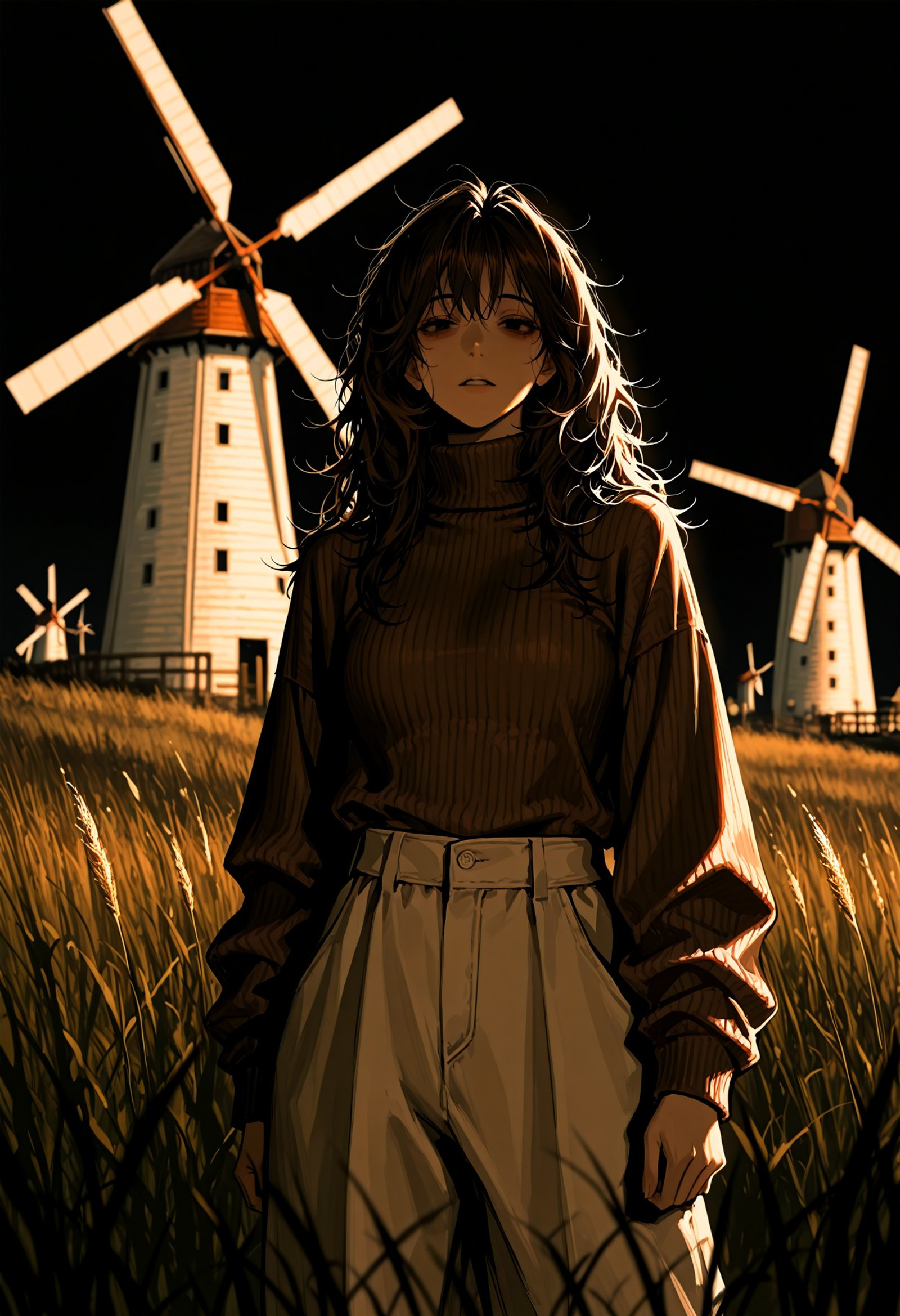 Art8st, masterpiece, best quality, 1girl, adult, mediium hair, messy hair, dark brown hair, black eyes, tired eyes, brown turtleneck sweater, ribbed collar, long sleeves, baggy pants

liminal space, black sky, darkness, dim cold lighting, grass, one windmill in the distance, high contrast, depth of field, dynamic view