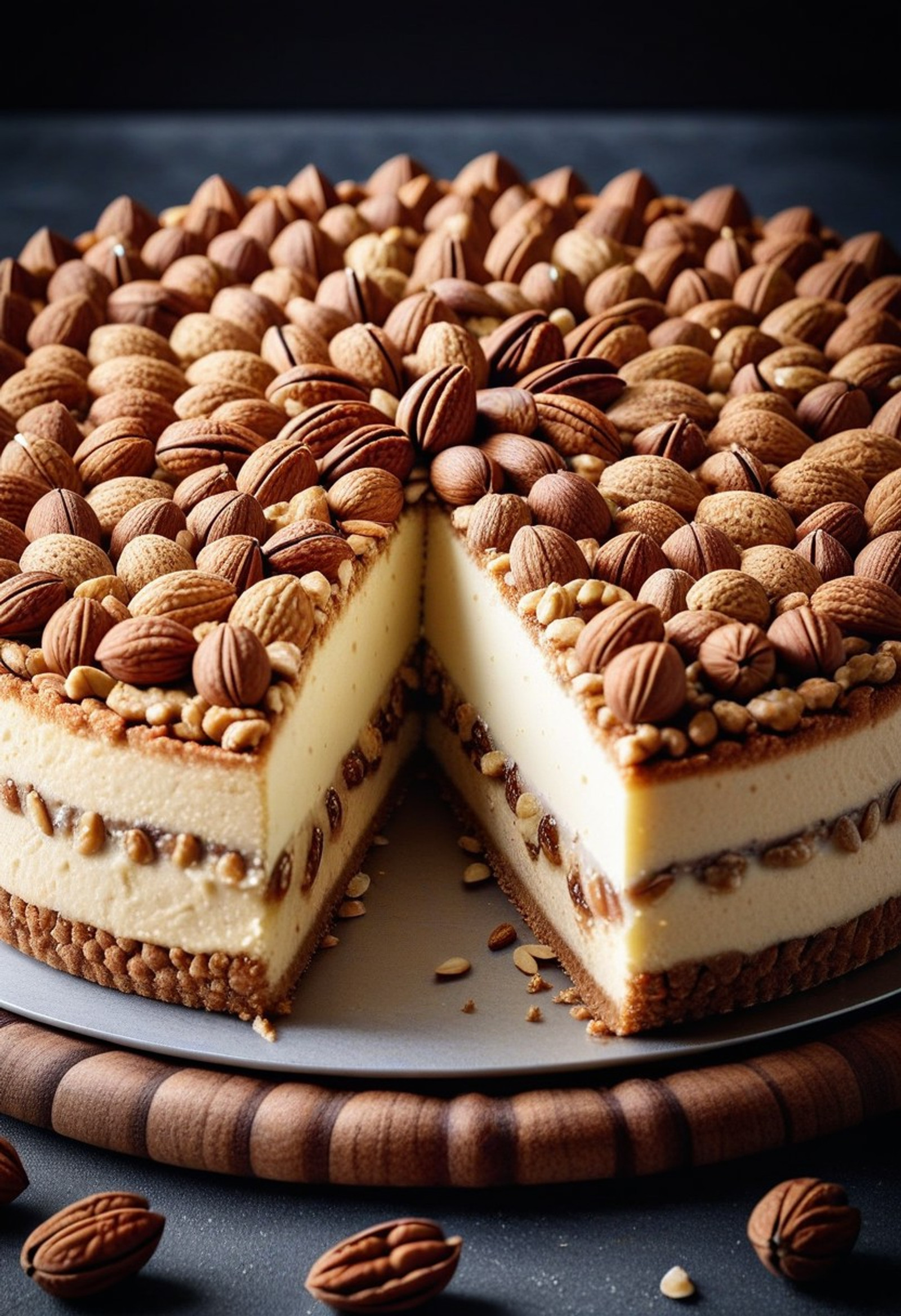 nutstylesnut, a delicious cheesecake completely made from textured nuts, the cake base is crushed almonds, the creamy filling is smooth cashew cream, decorated with whole walnuts and pecans on top, nut world morph style, cinematic lighting, hyper-detailed texture, food photography, macro shot, appetizing look