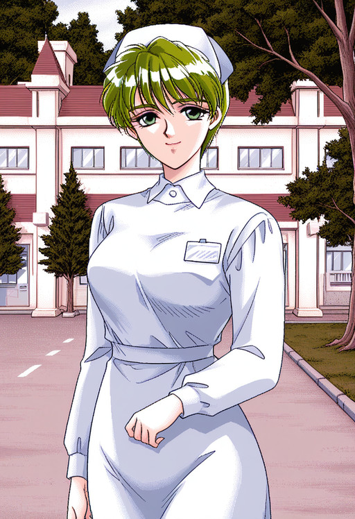 masterpiece,best quality,amazing quality,izyi ASnH,izyiASnH Coloring,izyiMitaraiChisa,1girl,solo,green hair,short hair,green eyes,nurse cap,nurse,long sleeves,name tag,white pantyhose,smile,building,looking at viewer,tree,outdoors,upper body,<lora:izyi ASnHv1.00:1>,