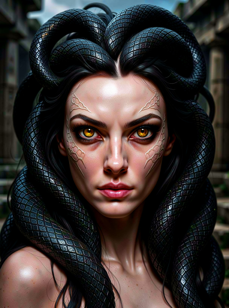 A striking gorgon, her face captivating despite the danger it holds. Her serpentine hair coils and shifts subt