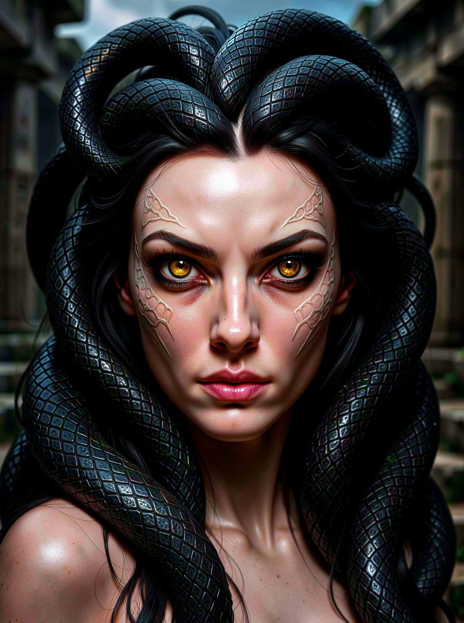 A striking gorgon, her face captivating despite the danger it holds. Her serpentine hair coils and shifts subtly, each scale catching the dim light and adding texture to her deadly elegance. Her golden eyes glimmer like polished coins, framed by a defiant gaze that seems to dare the viewer to meet them. Faint, intricate patterns resembling scales trace along her cheekbones, blending seamlessly into her smooth, pale skin. The stone ruins of an ancient temple blur softly in the background, suggesting her domain without distracting from her hypnotic visage. <lora:YFG-ChatGPT-4o-Style-F2_Klein-3kv1:0.5> <lora:YFG-Obs-Flux2-Klein9b_3k-v1:0.5>