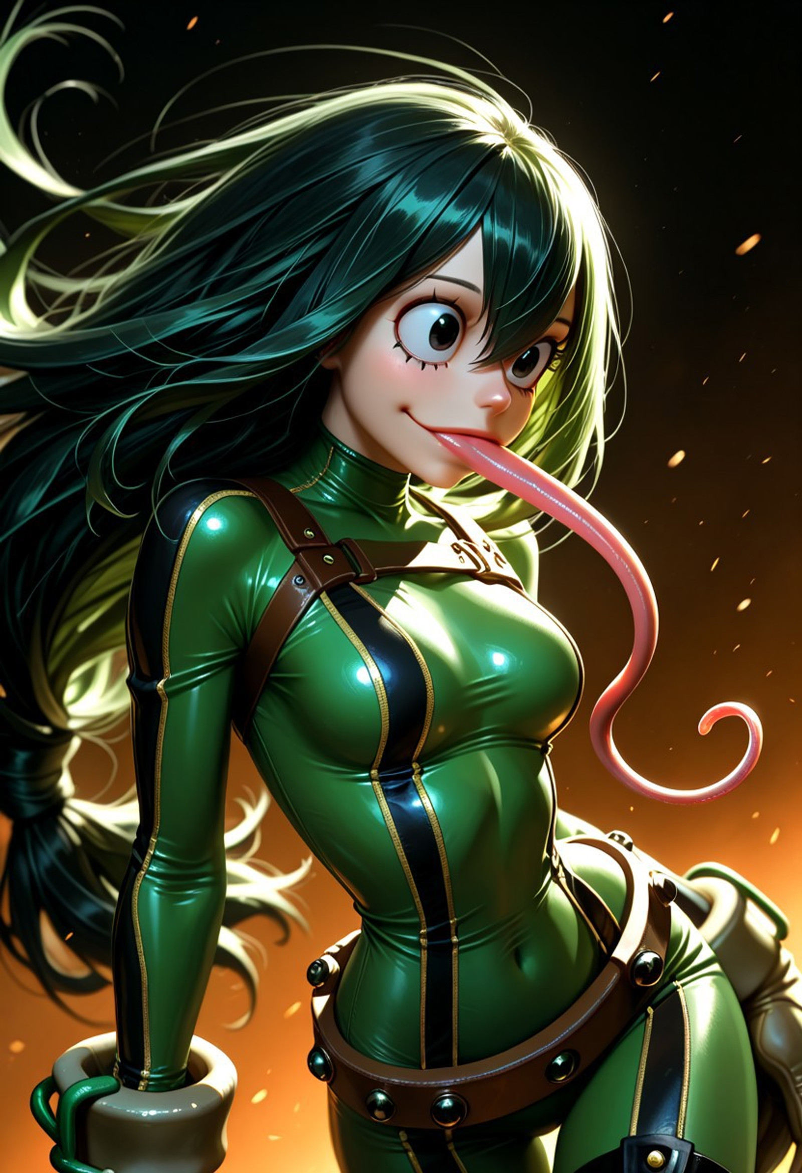 masterpiece,amazing quality,aesthetic,high detail,highres,depth of field,8k,4k,high quality,uncensored,detailed,Victorian art style,<lora:DnDDarkestFantasyV2Illustrious:0.75>dnddarkestfantasy,perfect lighting,fill light,superheros,dynamic pose,dynamic background,god ray,wind,motion blur,simple background,orange and auburn background,two-tones background . BREAK. 1girl,21yo,dark green hair,asui_tsuyu,,<lora:long-tongue-leco:-1>long tongue,BREAK. skin tight,<lora:clothes_removed_IL:0.7>clothes removed,no humans . dynamic angle,dynamic view,(motion blur;0.9).