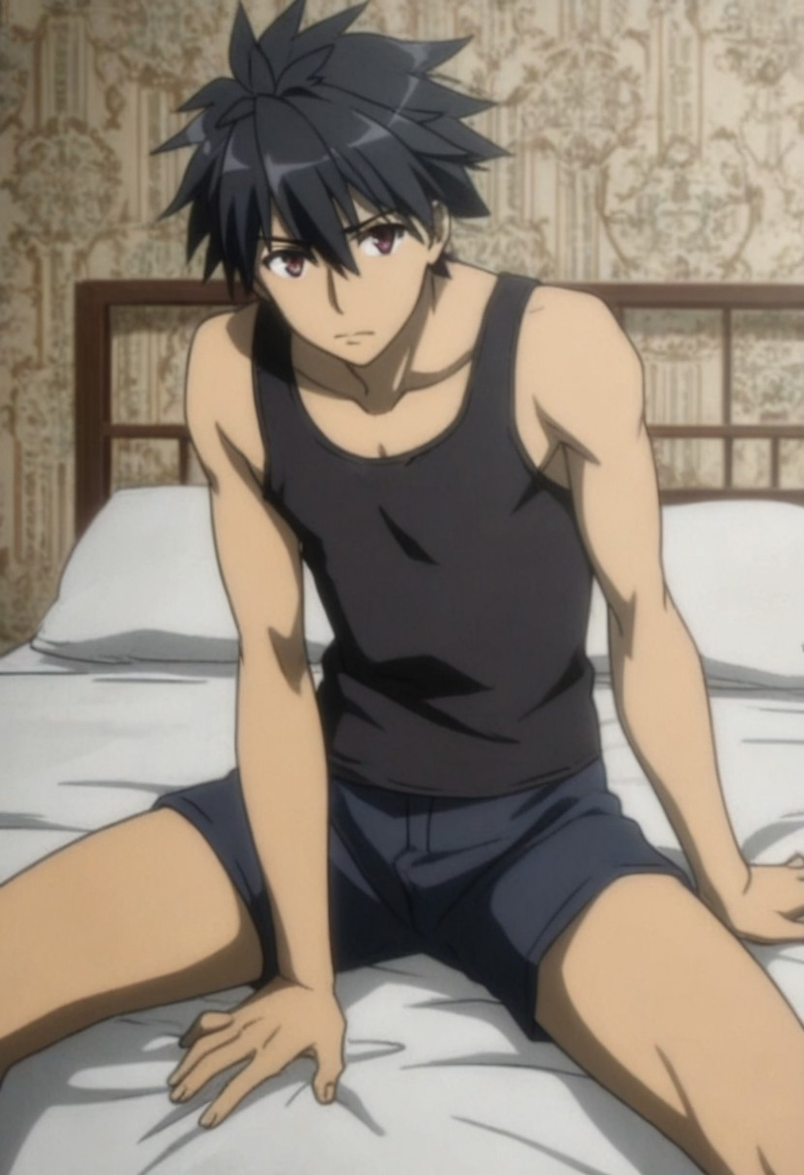 Anime, 1male, male, solo male, Hayato Kisaragi, black hair, black-reddish pink eyes, black tank top, dark blue boxers, sitting on bed, arms support, looking at viewer, legs apart