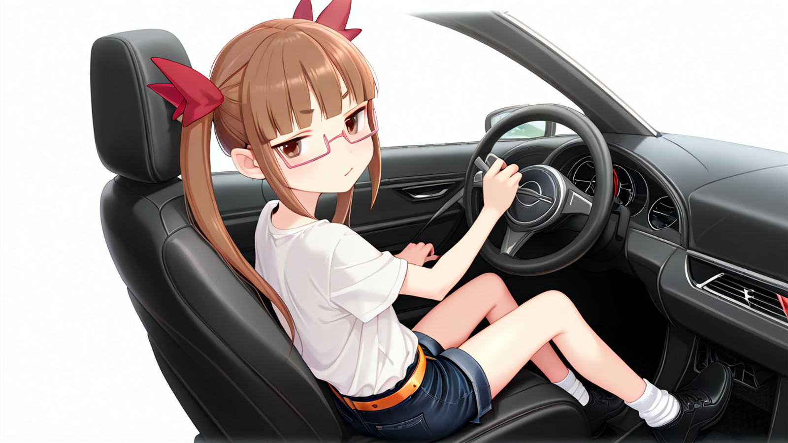 masterpiece, best quality, amazing quality, <lora:illu_Ikebukuro_Akiha-93:1>, ikebukuro akiha, brown hair, brown eyes, twintails long hair, semi-rimless eyewear, pink-framed eyewear, 1girl, solo, white t-shirt, orange belt, white socks, black shoes, 
<lora:Tsuru_Amamitsuki12__Traditional_Style:1> Amamitsuki12, black jeans, jeans shorts, shorts rolled, thin legs, looking at viewer, looking back, steering wheel, car, driving, sitting,  <lora:transparent-background-illustriousxl-lora-nochekaiser:1>, transparent background, simple background, white background solo