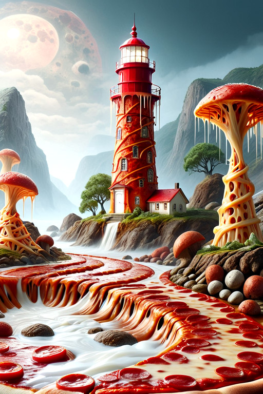 A surreal lighthouse in a futuristic landscape. Scenery, river, rocks, trees.. pizzasdx. pepperoni, crust, crunchy, melting sheese, pizzasdx, made of pizza, everything covered in cheese, dripping cheese, dripping sauce, red sauce, marinara sauce,