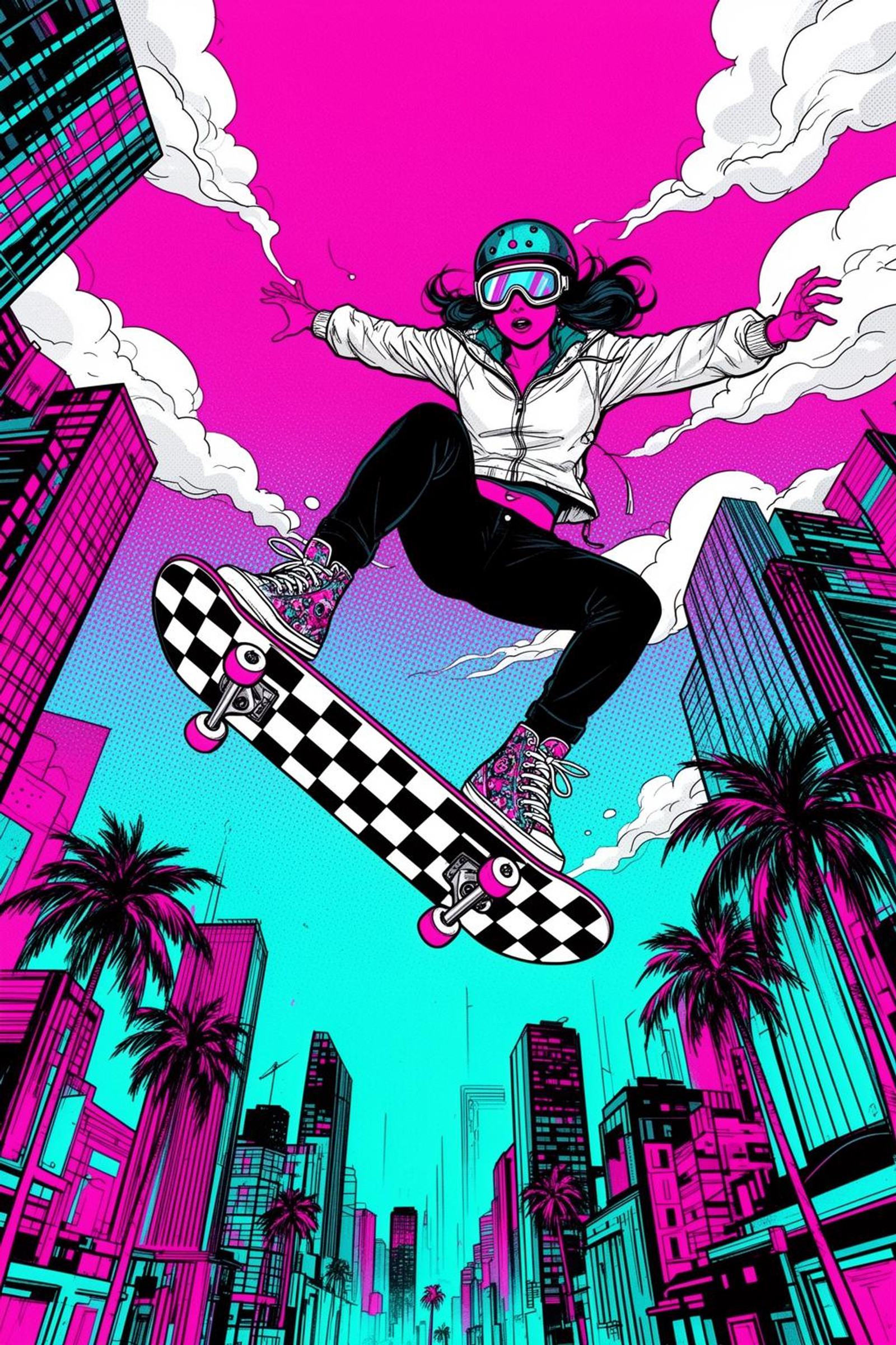 Pop art flat color vectory style illustration. Low-angle extreme worm's-eye view shot of a female skateboarder performing an aerial trick over a neon-lit city, rendered in a dynamic, high-contrast illustration style. The subject has dark hair tucked under a helmet and wears large goggles, a white jacket, black pants, and patterned high-top sneakers. She is captured mid-air with her checkered-pattern skateboard angled toward the viewer. The background features a distorted perspective of towering skyscrapers and palm trees against a vibrant magenta and cyan sky filled with stylized white clouds. The art style uses bold, black ink outlines, halftone dot textures, and flat, saturated color blocks reminiscent of a comic book or graffiti-inspired pop art. The lighting is artificial and neon, creating a high-energy, futuristic, and chaotic mood. <lora:TA-2026-03-01-23-44-17-Popartflat-82:0>