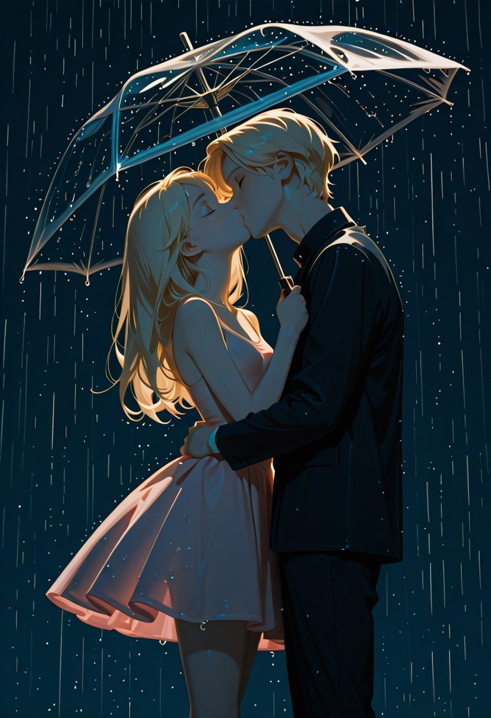 masterpiece, best quality, 1girl, beautiful girl,  ballerina dress, long blonde hair, wearing a pink ballerina dress, 1boy, beautiful boy,  holding a transparent umbrella, kissing in the rain, light rain, soft lighting, looking up, flat color, dark theme, illustration, very fine, award-winning, newest, Elle