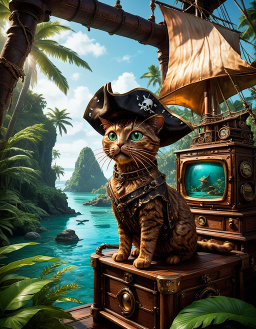 , made of copper, dull copper, inside an old Television
lazypos,   <lora:add-detail-xl:0.85>    <lora:MadeOfCopper01_CE_SDXL:1> A   pirate cat wearing a pirate hat on a   pirate ship in a  tropical lagoon ,
