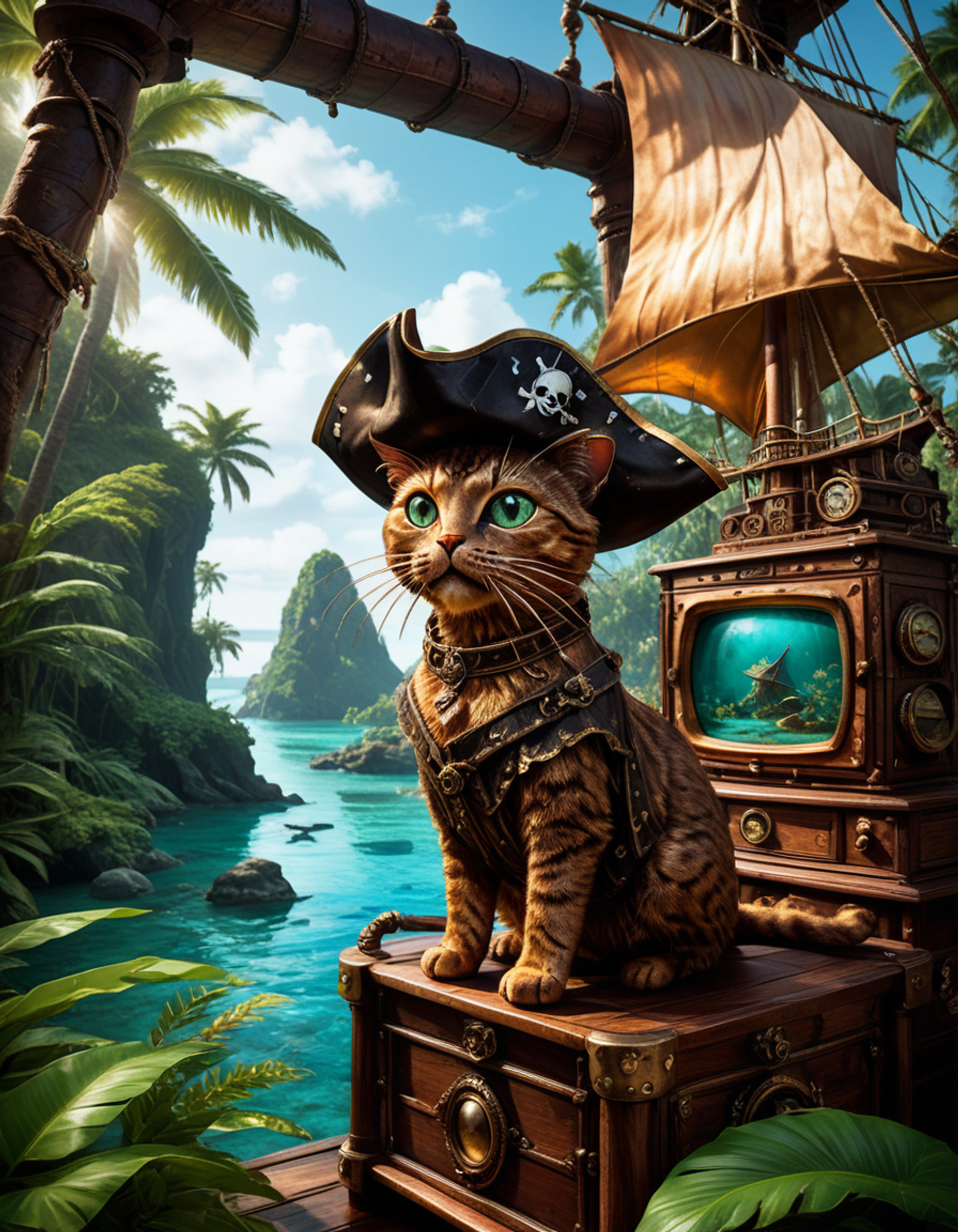 , made of copper, dull copper, inside an old Television
lazypos,   <lora:add-detail-xl:0.85>    <lora:MadeOfCopper01_CE_SDXL:1> A   pirate cat wearing a pirate hat on a   pirate ship in a  tropical lagoon ,