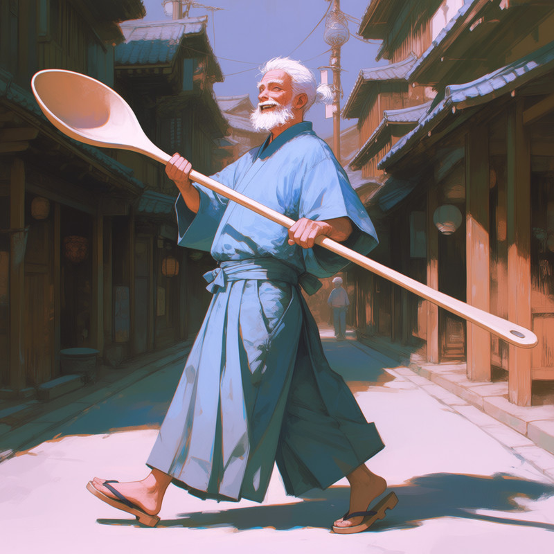 older man, white hair, white beard, wearing sandals and traditional japanese clothes in lightblue, using a gia