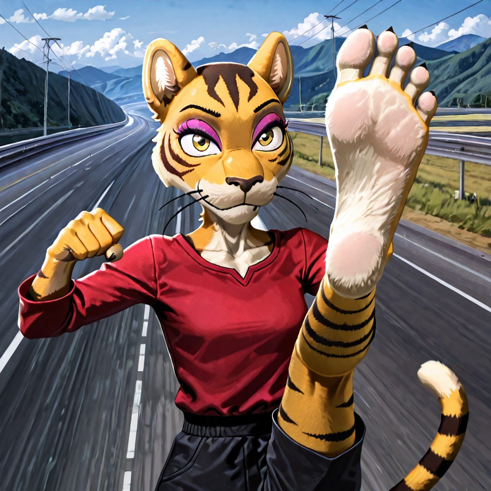 4k, masterpiece, best quality, amazing quality, very aesthetic, high resolution, absurdres, newest, 1girl, solo, upper body, anthro, luna_bs, anthro, furry female, tiger girl, tiger ears, beautiful eyes, tiger tail, eyeshadow, whiskers, red shirt, black shorts, barefoot, feet, thin feminine feet, humanoid feline feet, sole shown on one foot, five toes, five toe outline, foot fetish, foot focus, karate kick, kung fu kick, combat pose, looking at viewer, kicking viewer, sweet smile, outdoors, Daytime, Highway, Road, Middle of Nowhere, Mountains