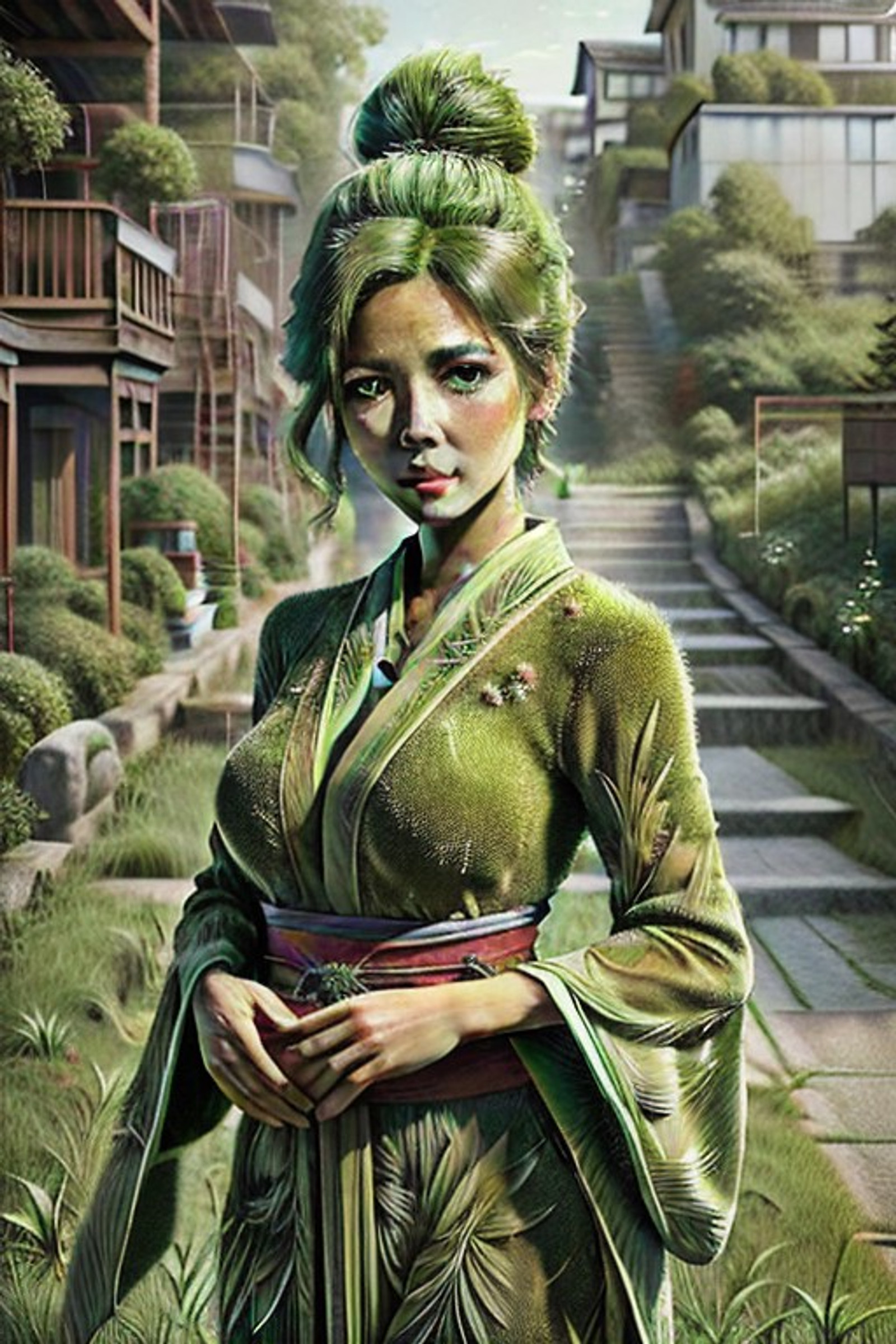 Ultra detailed, ultra realistic, masterpiece, award winning grassified geisha portrait where porcelain skin rendered Kentucky bluegrass epidermis, lacquer hairpins bent fescue stalk architecture, kimono obi sash living turf topography pleat stratigraphy, hyper-realistic dew droplet refraction prismatic iris corneas, lips parted pollen dust blush particulate, cherry blossom hairpin rendered pampas grass plume fractal, 8K verdant femininity celebrating topiary metamorphosis mastery.