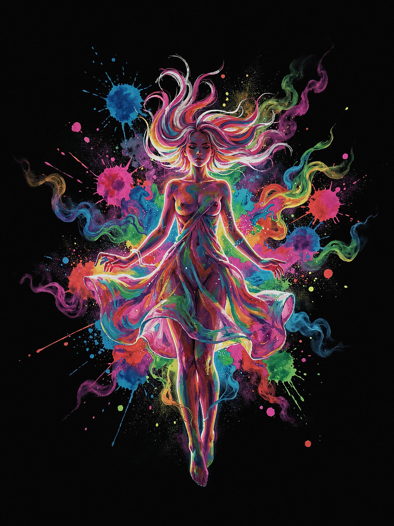A solitary figure floats weightlessly, suspended within a vibrant sea of shifting, impossible colors against a