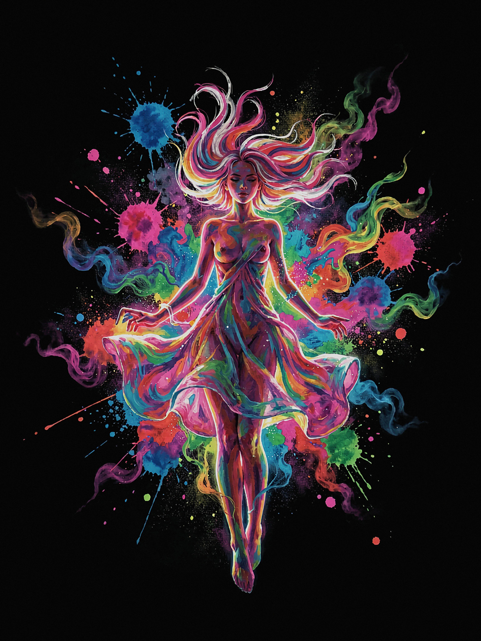 A solitary figure floats weightlessly, suspended within a vibrant sea of shifting, impossible colors against a solid black background. Distinctive hair with pink and white patterns flows outwards, blending seamlessly into the abstract environment. The figure wears an ethereal, flowing garment that ripples as if caught in a liquid current. The surrounding space is a psychedelic, kaleidoscopic display of thick oil paint swirls, explosive watercolor splashes, and fluid ink diffusions.The lighting is luminous and dreamlike, with liquid light and glowing sparks emanating from the form and the surrounding neon-colored fluids. A gentle motion blur affects the colorful smoke and drifting particle trails, softening the edges of the colorful chaos and enhancing the surreal atmosphere. Bright, high-contrast highlights wrap around the silhouette, creating a radiant, transcendent glow that defines the form amidst the abstract art.