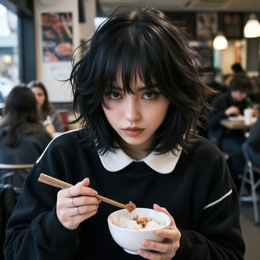 A young woman with highly detailed, short shaggy black hair and straight-cut bangs, messy and voluminous with natural movement, flyaway strands catching the light, tousled layers framing her face, soft wisps around her forehead and cheeks, intricate hair texture with subtle highlights and shadows, sitting in a casual restaurant. She is eating from a small white bowl of rice using chopsticks, bringing food to her slightly open mouth. She wears a black sweatshirt with a white Peter Pan collar and white trim on the sleeves. Her expression is direct and slightly moody, looking toward the viewer. She has multiple silver rings on her fingers. The background is softly blurred, showing other people dining, warm indoor lighting with a cool blue tone on the left side, posters on the wall, and casual restaurant furniture. Cinematic color grading, realistic photography style, moody atmosphere, razor-sharp focus on the woman and especially her hair in the foreground, soft bokeh background.