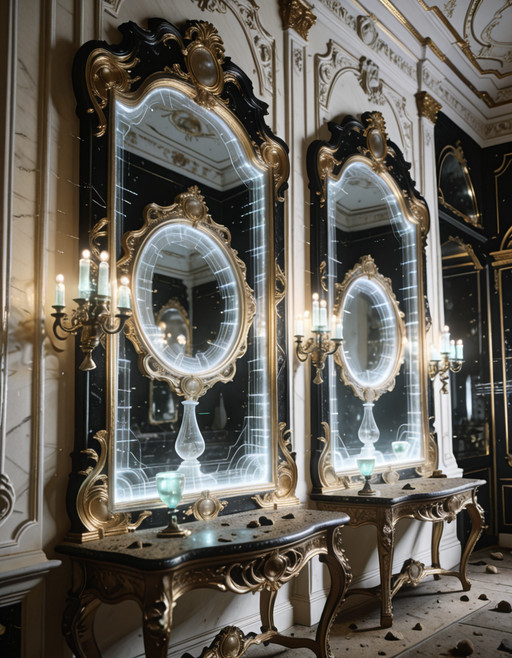 ultra-detailed rococo sanctuary, post-human future,human remnants, oversized gilded frames encasing holographic voids, 
fractal moldings in black gold and translucent ivory, 
mirrors reflecting adjacent dimensions, 
bioluminescent candelabras, warped proportions, uncanny symmetry, 
dust of centuries on baroque furniture, floating data streams 
woven into ornamental plasterwork, eerie reverence atmosphere, 
cinematic lighting, depth of field
ultra-detailed rococo s4nctu4ry  <lora:training_1715964-20260301163514302:1>, Masterpiece,best quality,hi res,8k,(sharp focus, intricate, highly detailed),