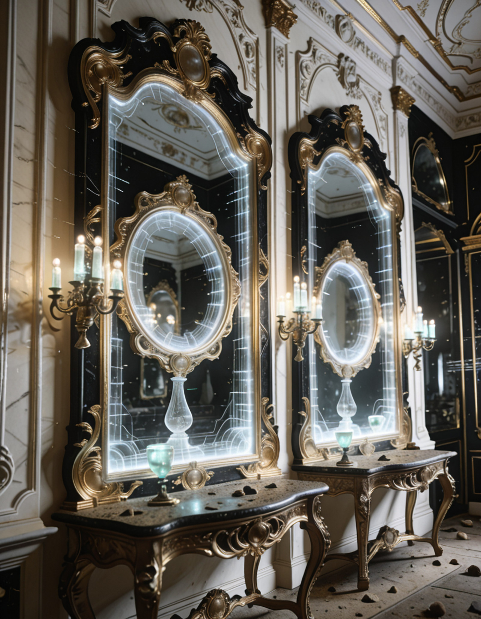 ultra-detailed rococo sanctuary, post-human future,human remnants, oversized gilded frames encasing holographic voids, 
fractal moldings in black gold and translucent ivory, 
mirrors reflecting adjacent dimensions, 
bioluminescent candelabras, warped proportions, uncanny symmetry, 
dust of centuries on baroque furniture, floating data streams 
woven into ornamental plasterwork, eerie reverence atmosphere, 
cinematic lighting, depth of field
ultra-detailed rococo s4nctu4ry  <lora:training_1715964-20260301163514302:1>, Masterpiece,best quality,hi res,8k,(sharp focus, intricate, highly detailed),