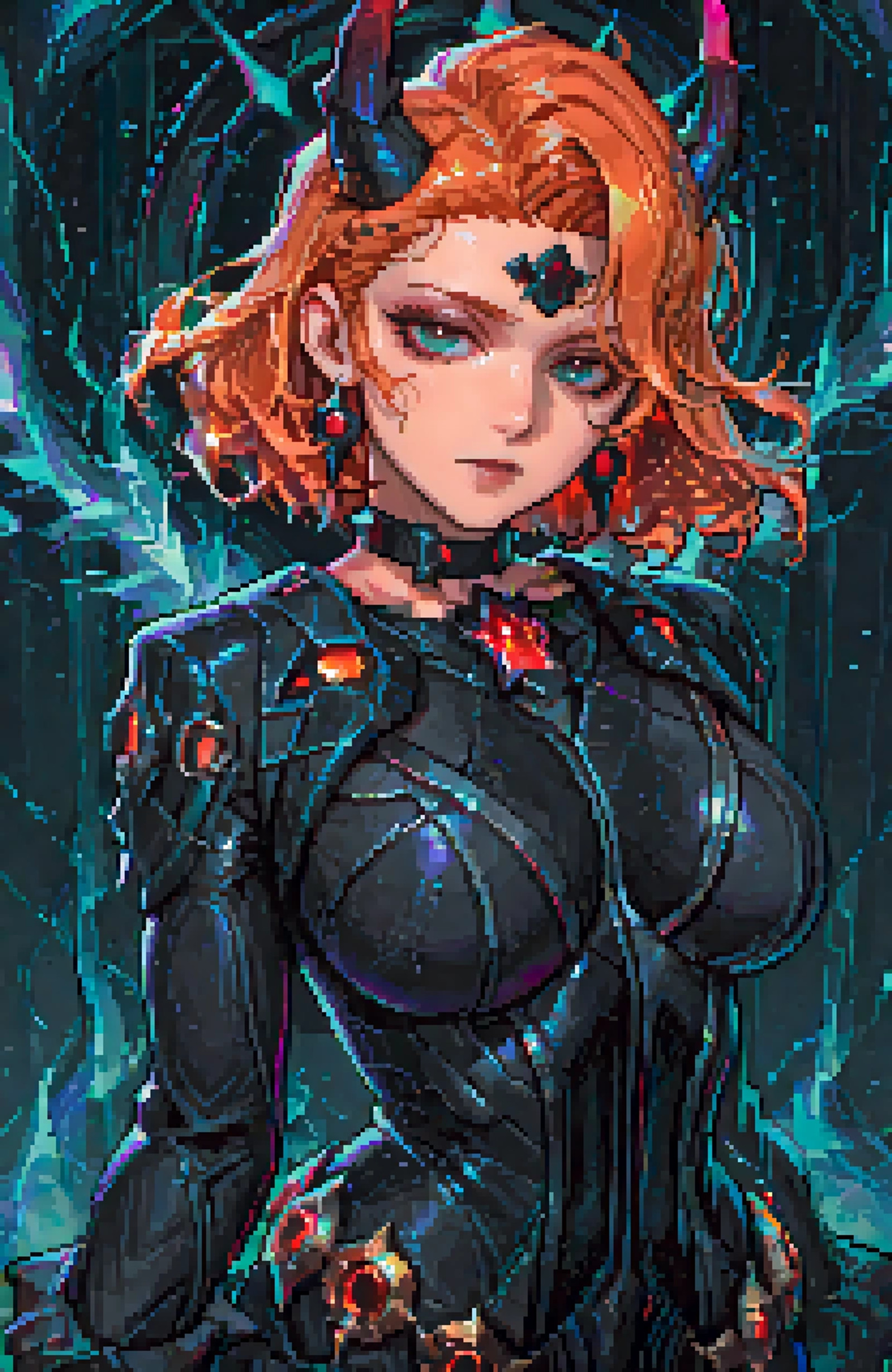 amazing quality,best quality,masterpiece,black_widow,marvel,1girl,natasha_romanoff,<lora:blackwidowMR-10:0.8>,BlackwidowRivals,braid,ahoge,wavy_hair,orange_hair,short_hair,makeup,blue eyes,green_eyes,tattoo,collarbone,earrings,large breasts,calm distant expression,closed mouth,looking slightly downward,goddess of cosmos,ethereal presence,quiet divine authority,small square horns on forehead,in front of hair,black starry magical glow on horns,elegant dangling earrings with black gemstones,refined cosmic jewelry,dark aristocratic choker with ornate pattern,flowing black and deep black aristocratic dress,celestial noble style,structured bodice,layered flowing sleeves with subtle black pattern,soft fabric folds,star-like light embedded in the chest area,glowing star motifs on the dress,subtle cosmic sparkles,minimal shading,soft gradients,calm magical glow,floating star particles around,circular cosmic halo background,abstract space symbols,minimalistic cosmic void,serene and mystical atmosphere,no text,no watermark,no logo looking at viewer,dynamic pose,looking at viewer,portrait,modern pixel art,simple background,retro pixel art,pixelated,looking at viewer  <lora:PixelStyle-GLora-Illustrious-V1:1>
