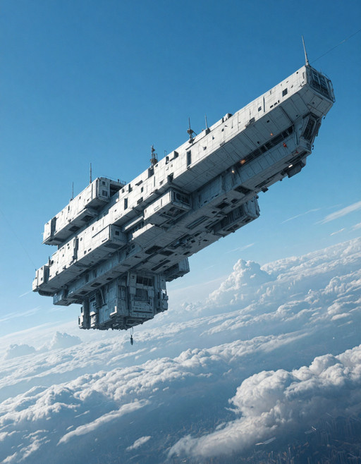 <lora:SW_Transportv1_zit:1> z1os. SPAC2. Angular white capital ship. Blue sky, white clouds