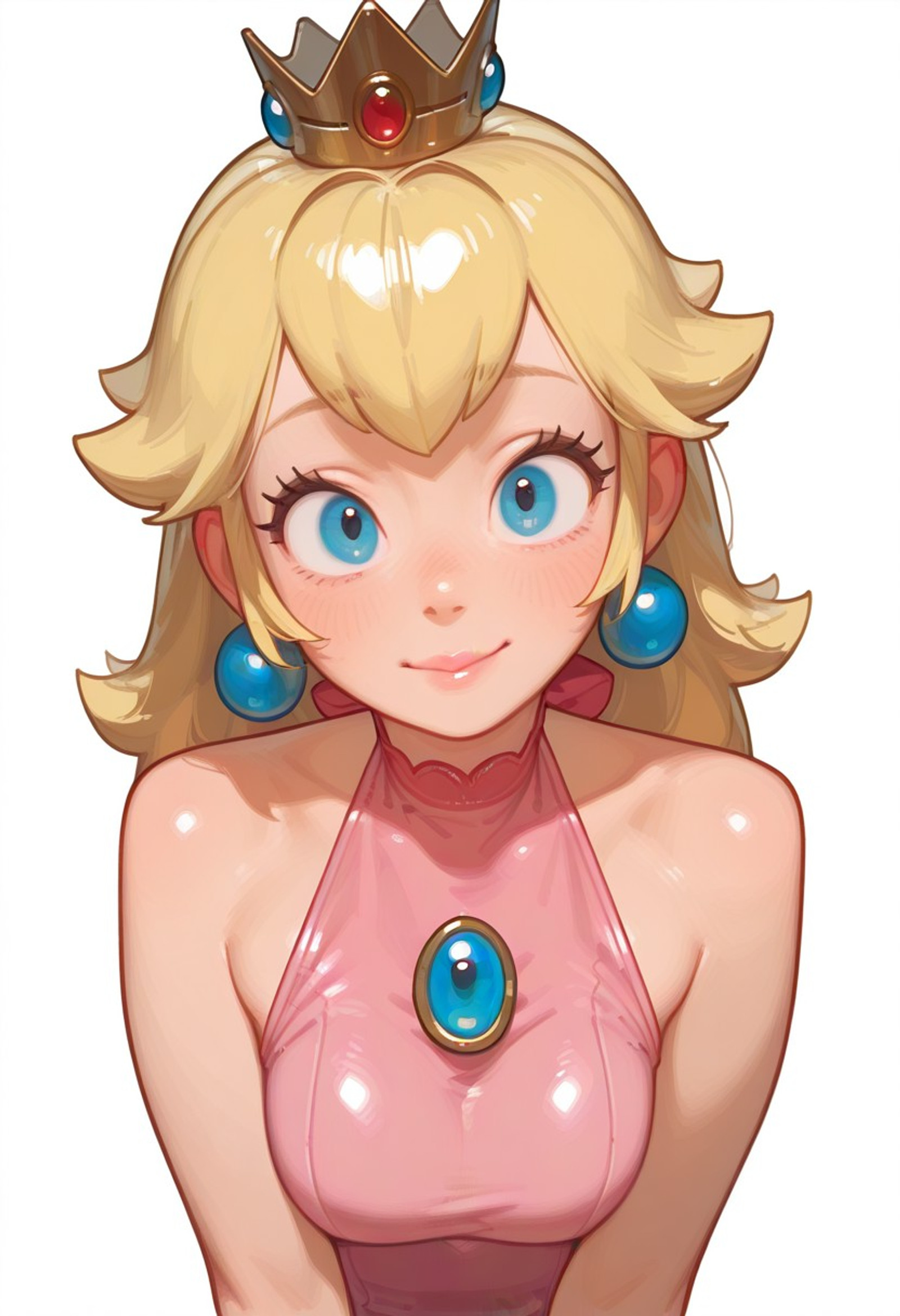 dynamic view, wide angle, score_9, score_8_up, score_7_up, 1girl ,mature woman,solo,looking at viewer,  princess peach, Aromasensei:0:6,  Blank background , masterpiece, best quality, icjournals, masterpiece, best quality, amazing quality, 8K,, (incase:0.6), dchk, pink halter neck leotard , upper body,