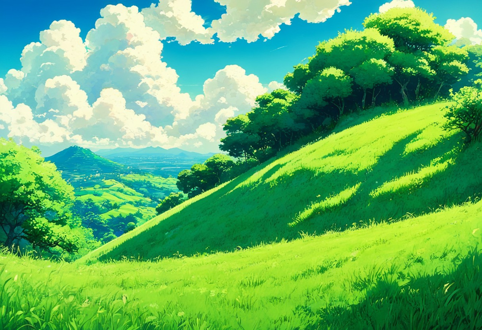 Studio Ghibli Style - Anime style image. A rolling green hill covered in vibrant, lush grass. The grass has a slight texture and gradient due to the light.
A bright, clear, sunny day with a deep blue sky dotted with puffy, white cumulus clouds. The scene is outdoors with no visible signs of civilization beyond the grass.
Natural sunlight, providing even illumination across the scene, creating soft shadows and highlighting the texture of the grass.
Wide-angle shot with a low horizon line, emphasizing the vastness of the sky and the rolling landscape. The composition is simple and balanced, drawing the eye across the scene.