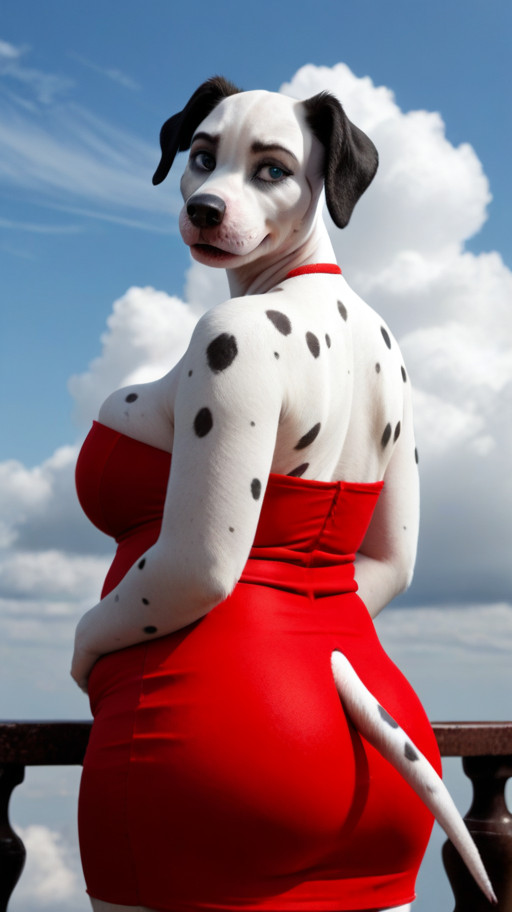 solo, female, sky, clouds,   anthro dalmatian, (red strapless Dress,:1.2)  covered saggy breasts,  old, chubby, large, ( detailed blue eyes,:1.1)   looking pleased,  (tail,:1.1) back, red dress,