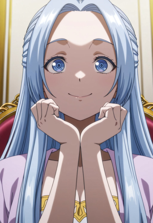masterpiece, best quality, amazing quality, anime_screencap, anime_coloring, Wide eyes, love-struck smile, hands close to heart, KTMQueen, blue_hair, long_hair, blue_eyes, sidelocks, parted_bangs, half_updo, hair_intakes, forehead, solo,  , sitting, on chair, , <segment:girl's face,0.55,0.2//cid=11> Wide eyes, love-struck smile, hands close to heart, KTMQueen, blue_hair, long_hair, blue_eyes, sidelocks, parted_bangs, half_updo, hair_intakes, forehead,