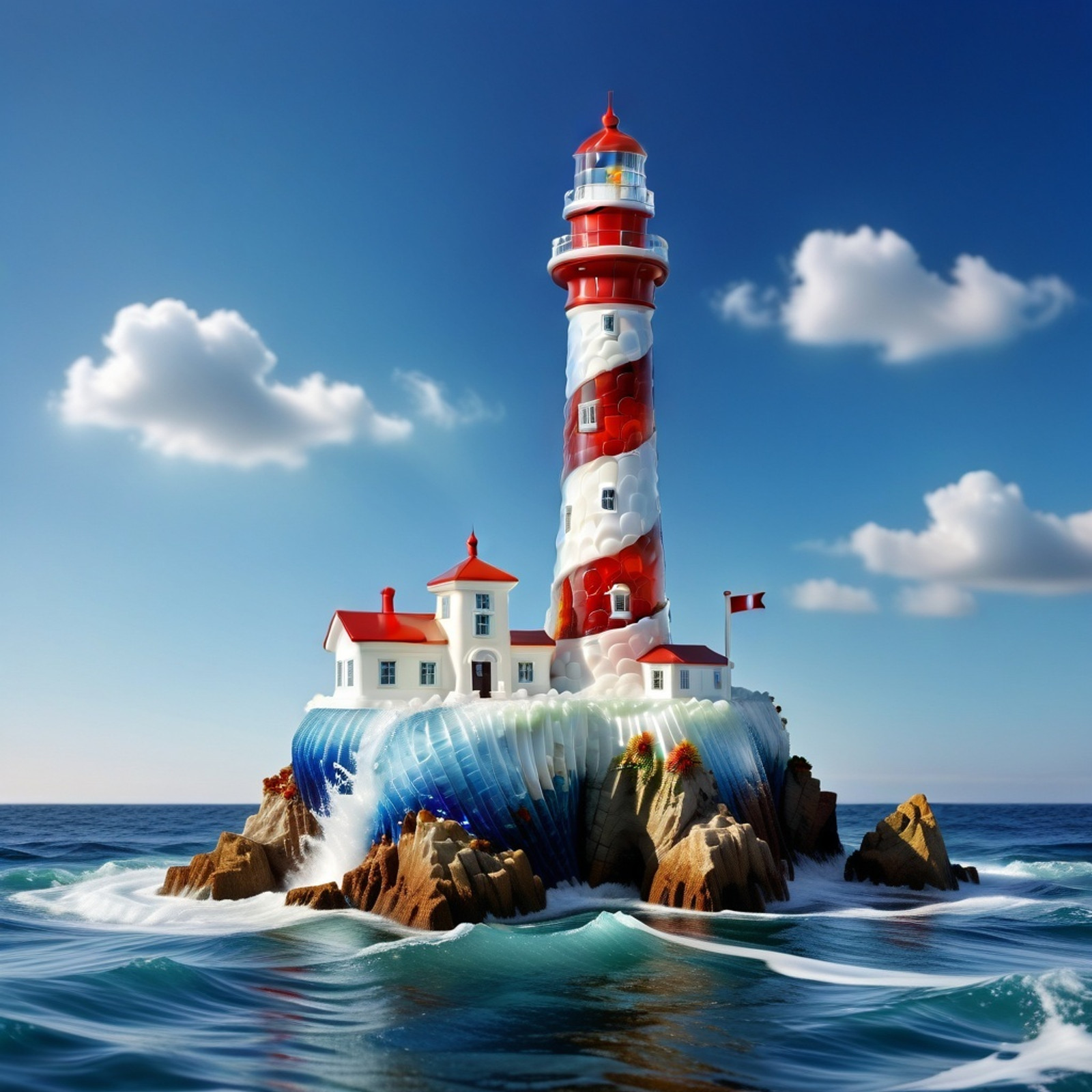 Prompt: SDXL-red-white-lighthouse-embedding, Murano_Glass_Style, masterpiece, masterwork, whole body, beautiful image of a lighthouse on the (cliff out in the rough ocean)++, background (jungle)+ and (blue cloudy sky)++, (made out of delicate and fragile fine original Murano glass material)+, cluds made of glass, ocean made of broken glass, flawless, elegant, vibrant details, expansive view, clear outlines, clean sharp focus, ultra detailed, high contrast, award winning image, stunning, colorful, vibrant colors, beautiful composition, 8K.