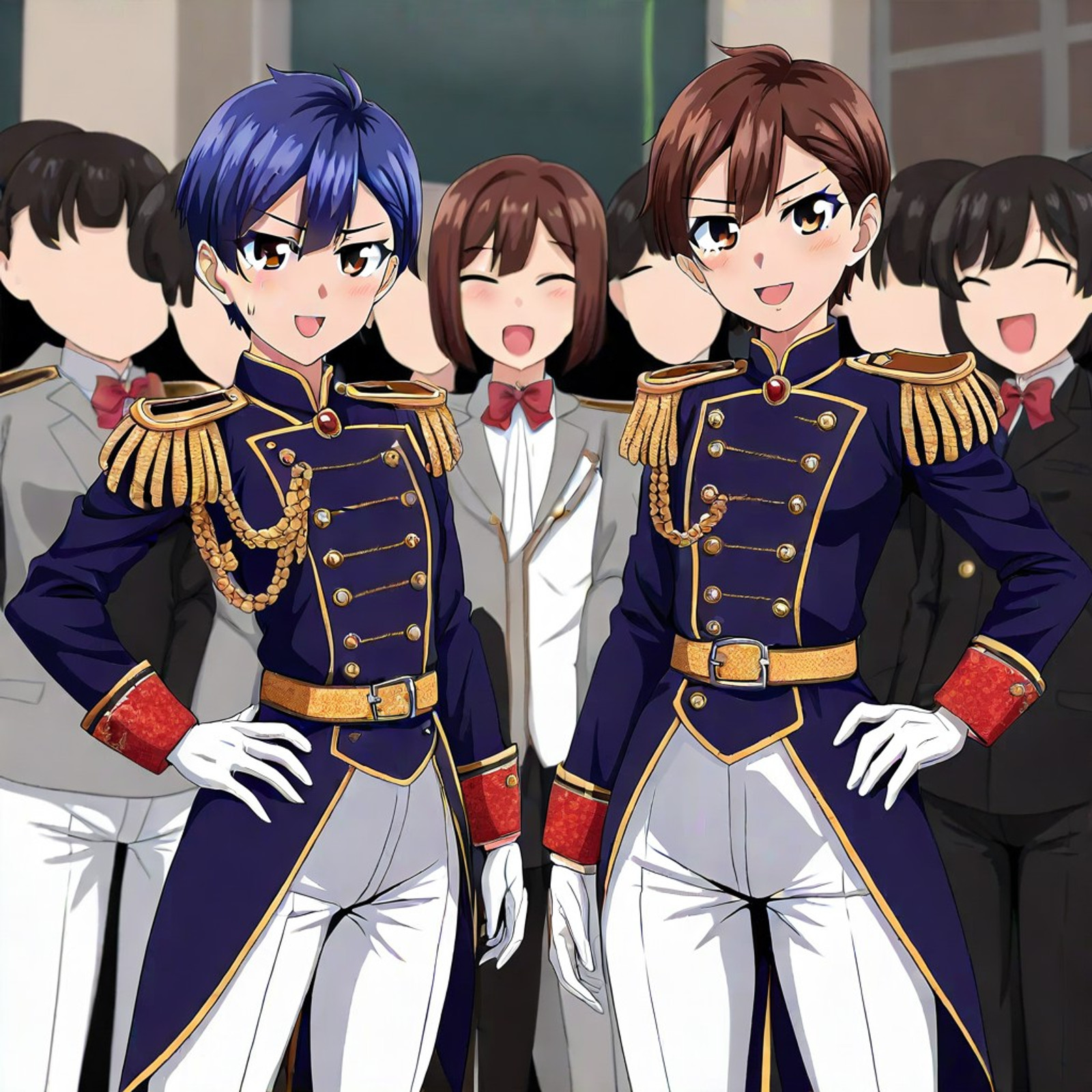 gloves, blue hair, multiple girls, short hair, white gloves, epaulettes, smile, pants, open mouth, uniform, white pants, brown eyes, belt, bow, looking at viewer, jacket, school uniform, hand on hip, skirt