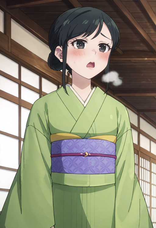    score_9, score_8_up, score_7_up, source_anime, anime_screencap, detailed_face, Feverish, eyes watering, open mouth gasping for breath, full-blown blush, legs quivering, RWLSonoko, black_hair, sidelocks, hair_bun, short_hair, black_eyes, single_hair_bun, swept_bangs,  solo, SonokoKimono, japanese_clothes, green_kimono, obi, purple_sash, wide_sleeves, long_sleeves, updo,  front view, low-angle_view, <segment:girl's face,0.55,0.2//cid=11> absurdres, masterpiece, detailed face, perfect face, correct face, perfect anatomy, accurate, sharp lines, beautiful, extremely detailed, source_anime, anime screencap, Feverish, eyes watering, open mouth gasping for breath, full-blown blush, legs quivering, RWLSonoko, black_hair, sidelocks, hair_bun, short_hair, black_eyes, single_hair_bun, swept_bangs, 