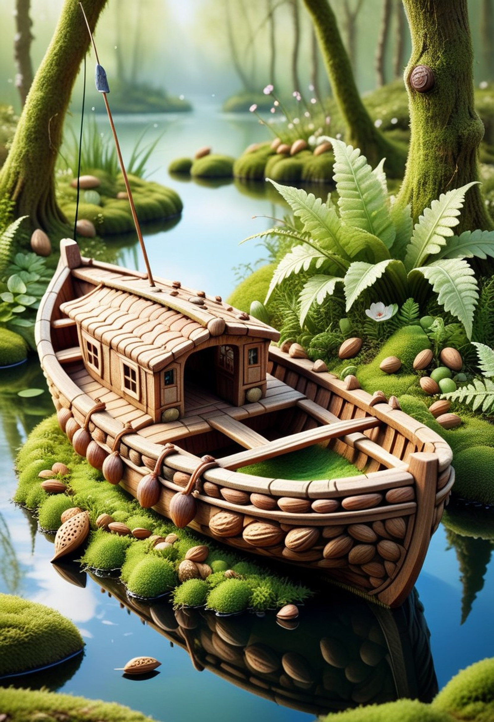 nutstylesnut, an almond-shaped fishing boat on a pond, a gnome fishing, gentle sleepy spring afternoon, green moss, ferns, highly detailed, high fantasy, best quality, masterpiece