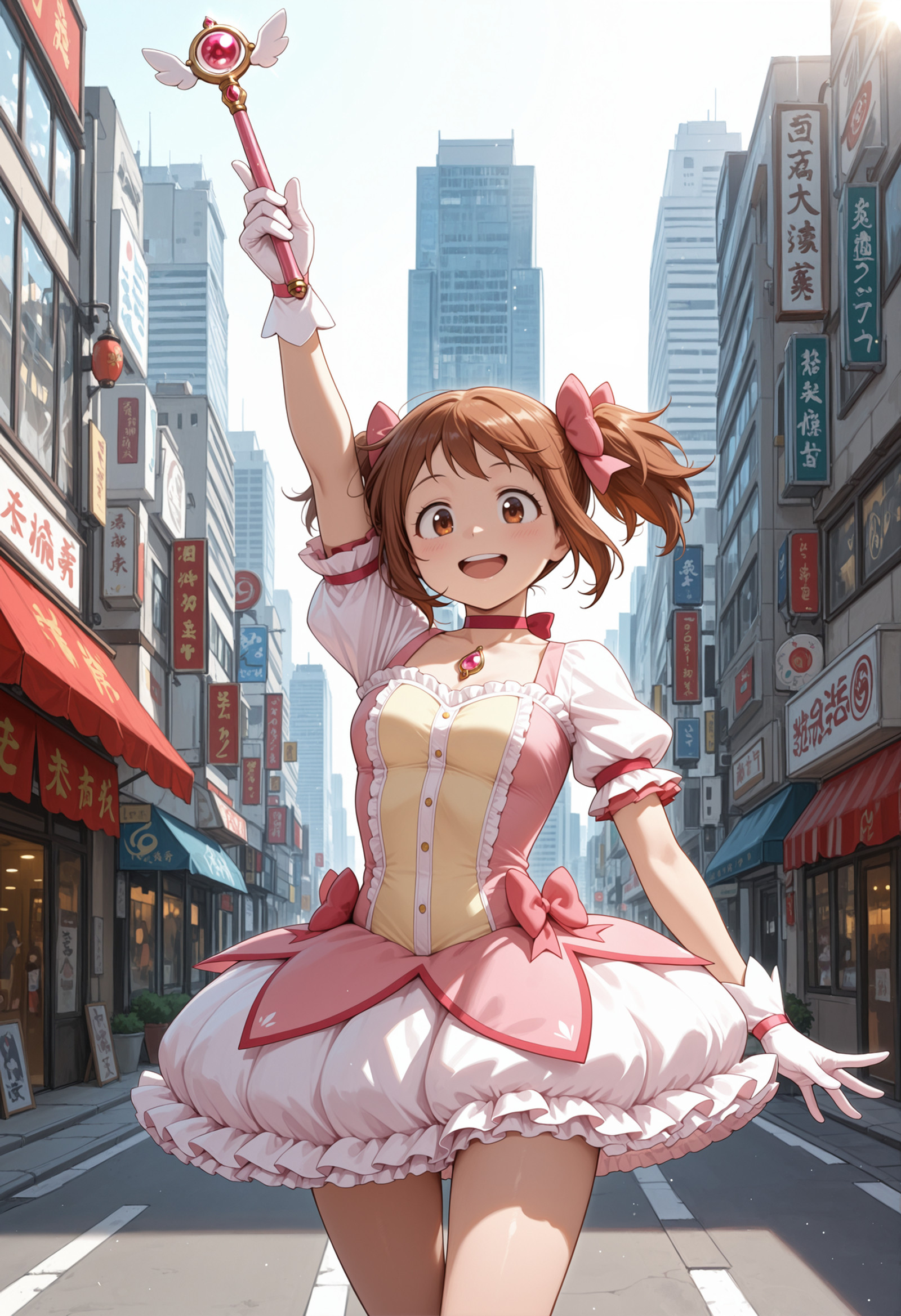 masterpiece, best quality, highres, absurdres, very awa, 1girl, solo, short hair, brown hair, (kaname madoka \(cosplay\):0.8), frills, magical girl, pink bow, pink choker, pink dress, white skirt, bubble skirt, outdoors, urban, day, waving, hand up, brown eyes, chest jewel, pink gemstone, frilled skirt, white gloves, street, cityscape, chinese signs, skyscraper, sunlight, clear sky, looking at viewer, holding wand, wand, smile, open mouth