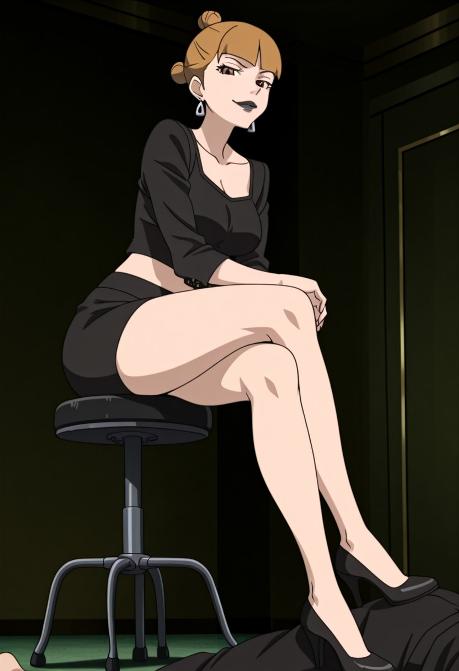 masterpiece, best quality, amazing quality, dynamic shot, dynamic pose, full body, full view, looking at viewer, , <lora:chihiro-kawashima-s1-illustriousxl-lora-nochekaiser:1>, chihiro kawashima, brown hair, brown eyes, hair bun, makeup, single hair bun, black lipstick, earrings, large breasts, anime screencap, jewelry, black crop top, short skirt, bare legs, goth, smug, sitting down, sitting on stool, crossed legs, high heels, femdom, seductive, dominant, arms crossed, off screen male, trampling, stepping on person,
