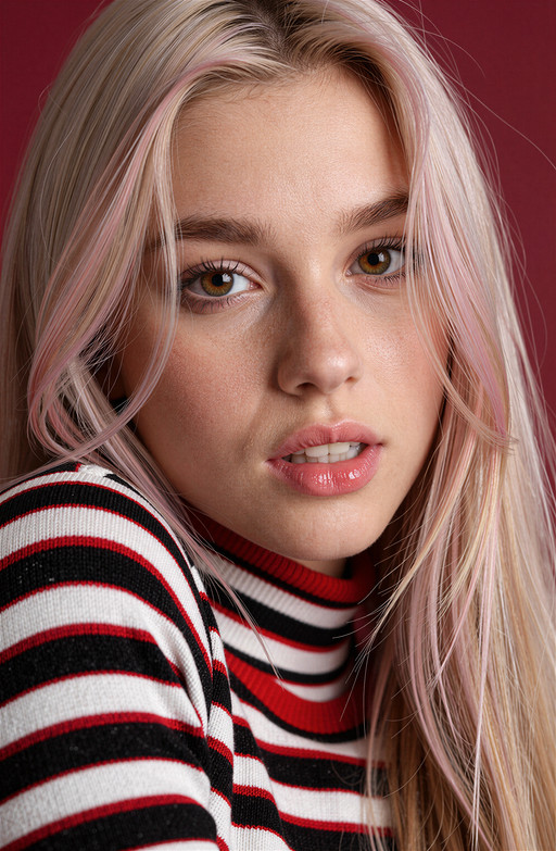 A close-up portrait captures the face of a young woman whose long, straight platinum blonde hair cascades in soft pink highlights and windswept strands framing delicate features beneath her gaze; hazel eyes meet the lens with gentle intensity, their long dark lashes fluttering slightly as she looks up and to the side with quiet expression, lips parted just enough to reveal small teeth and a subtle gloss that catches the light. She wears a red black-and-white horizontal striped turtleneck sweater draped over one shoulder, its fabric richly detailed with fine weave and soft texture, while the solid crimson background provides a minimalist yet striking contrast. Soft studio lighting, diffused and even, illuminates her face from above and slightly to the front, casting gentle shadows that define contours without harshness; this light enhances the natural sheen of her skin and the luminous quality of her hair. The composition is intimate and focused, with shallow depth-of-field blurring background elements into smooth gradients while keeping facial details sharp and precise, evoking a sense of quiet confidence and youthful allure in photorealistic detail without artificiality or distraction.