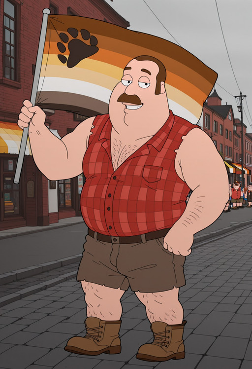detailed background, pride_flag, 7_horizontal_stripes, paw_print, BearPrideFlag_IL, flag, holding flag, B3Ar1, brown hair, buzz cut hair, bara, solo, chubby, plump, fat, 1boy, male focus, muscular. black eyes, half-closed eyes, smile, looking at viewer, red plaid shirt, mustache, chest hair, sleeveless, smile, shorts, mature male, family guy, brown boots, leg hair, outdoors, city
