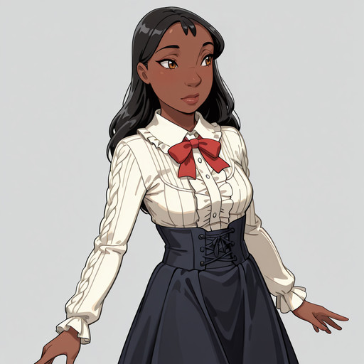 <lora:NaniL&S_illustrious_v1:1> NaniL&S,  very dark skin,  1girl,  dark-skinned female, black hair, long hair, small breasts, cowboy shot,  <lora:virgin-killer-outfit-illustriousxl-lora-nochekaiser:1> virgin killer outfit, meme attire, high-waist skirt, center frills, frilled shirt, underbust, aran sweater, frilled shirt collar, red bowtie, frills, skirt,