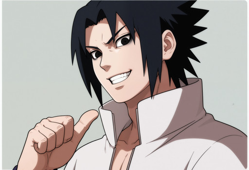 d-k, 1boy, solo, evil smile, grin, thumbs_up, black_eyeliner, sideways, portrait, simple_background, uchiha_sasuke, white_coat, black eyes, japanese_clothes, open_cleavage,