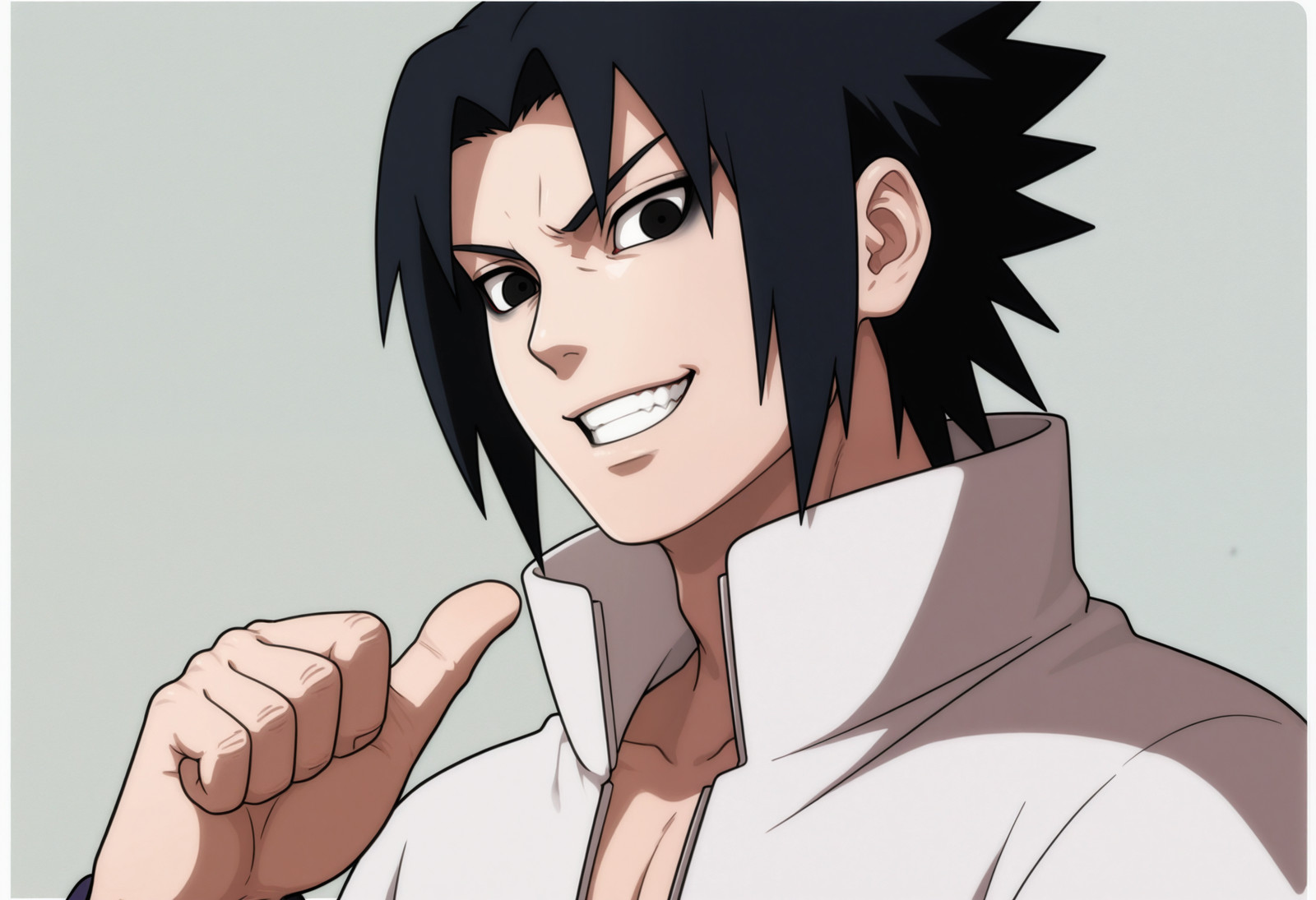 d-k, 1boy, solo, evil smile, grin, thumbs_up, black_eyeliner, sideways, portrait, simple_background, uchiha_sasuke, white_coat, black eyes, japanese_clothes, open_cleavage,