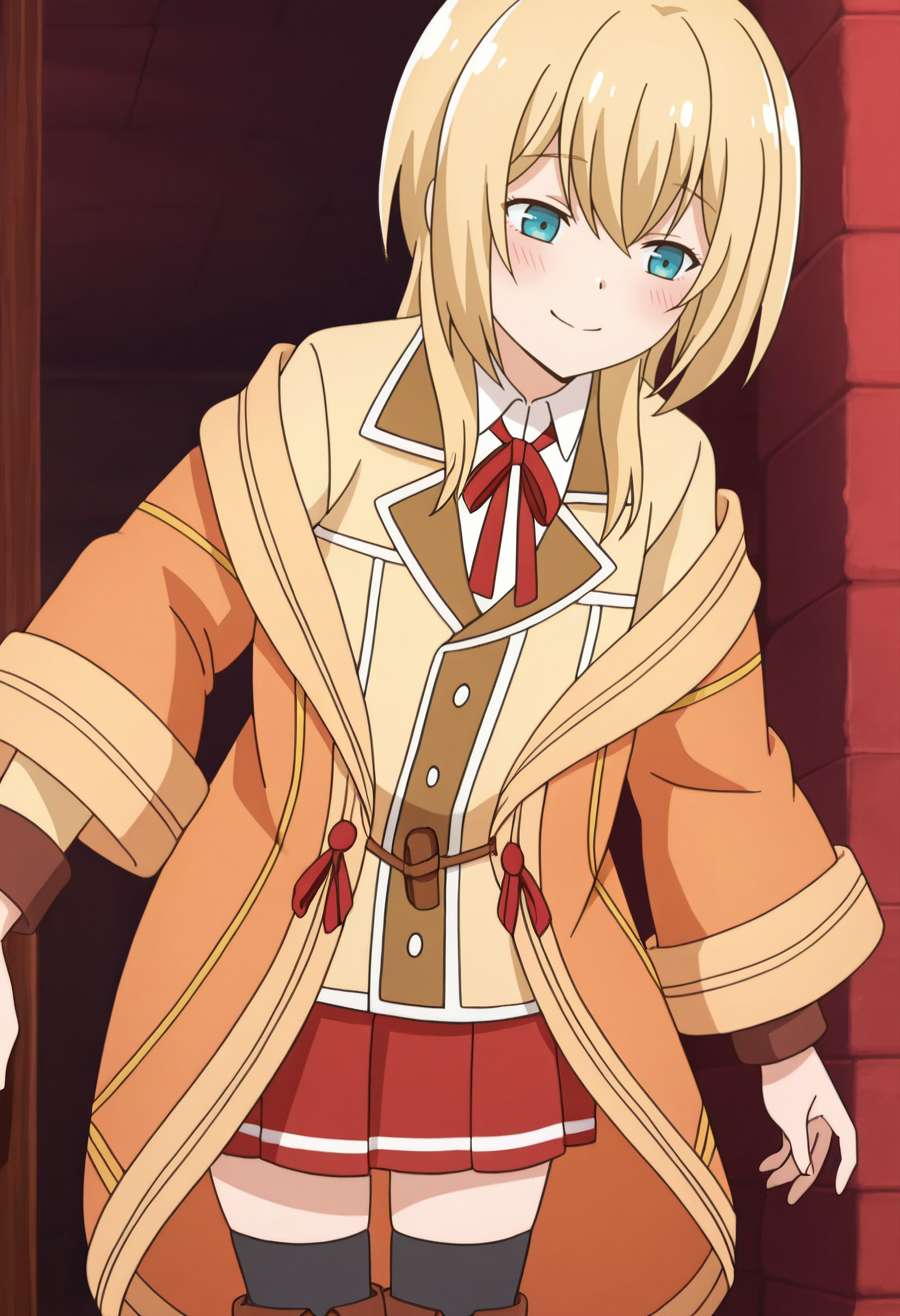    masterpiece, best quality, amazing quality, anime_screencap, Eyes fluttering, tender smile, small blush, SNSLurie, blonde_hair, long_hair, blue_eyes, hair_between_eyes, sidelocks,  solo, LurieOutfit, orange_jacket, white_shirt, collared_shirt, red_ribbon, ribbon, neck_ribbon, school_uniform, off_shoulder, long_sleeves, open_clothes, red_bow, red_skirt, pleated_skirt, bow, blazer, miniskirt, brown_footwear, boots, black_thighhighs, open_jacket, zettai_ryouiki, knee_boots, buttons, yellow_cardigan, red_bowtie, wide_sleeves,  leaning to side, front view, cowboy shot, <segment:girl's face,0.55,0.2//cid=11> Eyes fluttering, tender smile, small blush, SNSLurie, blonde_hair, long_hair, blue_eyes, hair_between_eyes, sidelocks, 