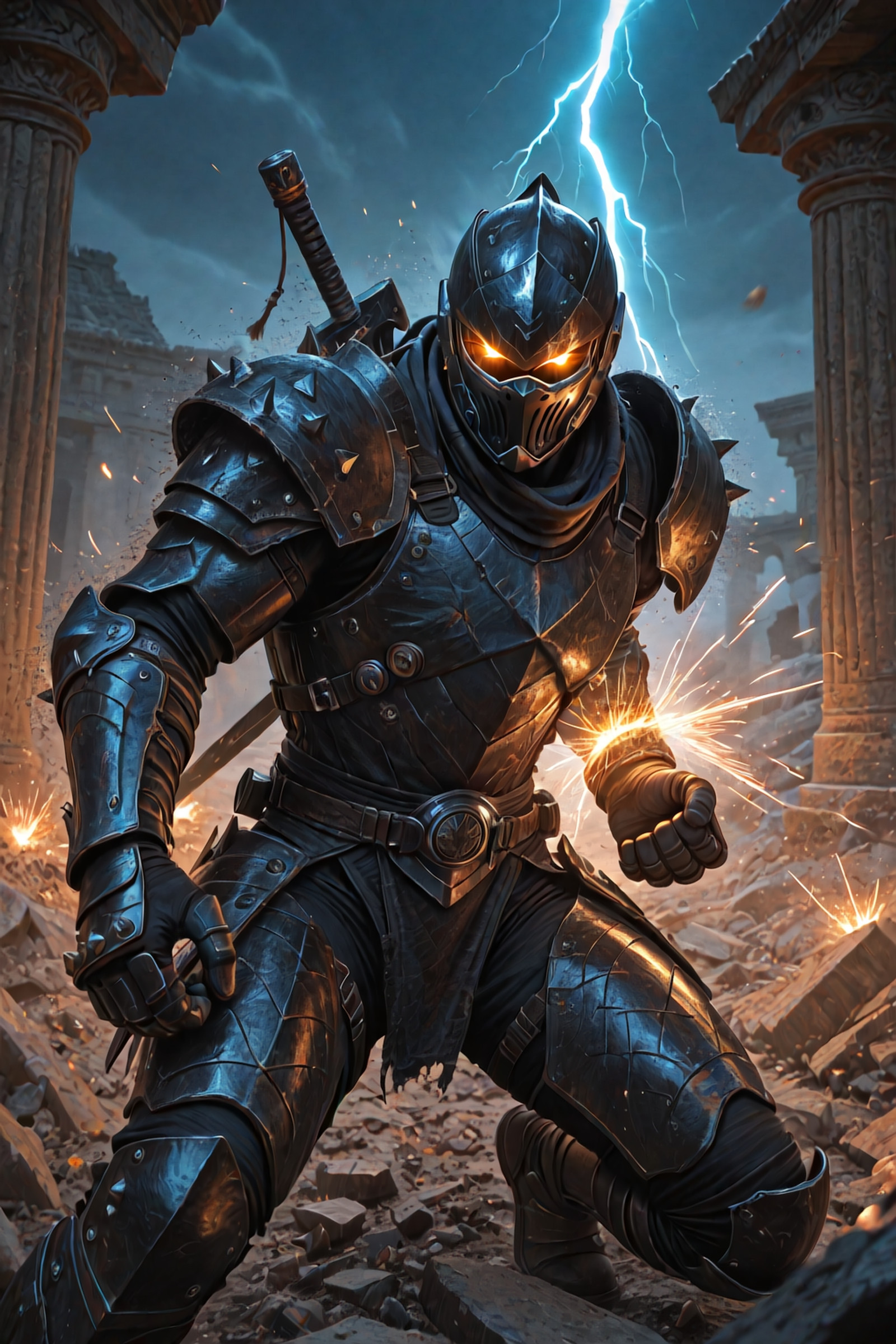 Look at Viewer
A cinematic realistic scene in 8K HD, [Naga humanoid torso, massive serpent lower body, thick scales, fierce combat clash between warriors], ancient ruined temple with crumbling stone pillars and flickering torchlight under stormy night sky,, armored ninja gear on muscular forms], chaotic environment with debris flying and energy sparks in air, intense glowing eyes locked in battle, powerful poses with motion blur on strikes, intricate scars and weapon details visible, high detail textures on skin, rubble, and metal, photorealistic rendering, epic composition with depth of field, volumetric lighting from lightning, sharp focus, ultra-detailed, no artifacts, masterpiece quality.