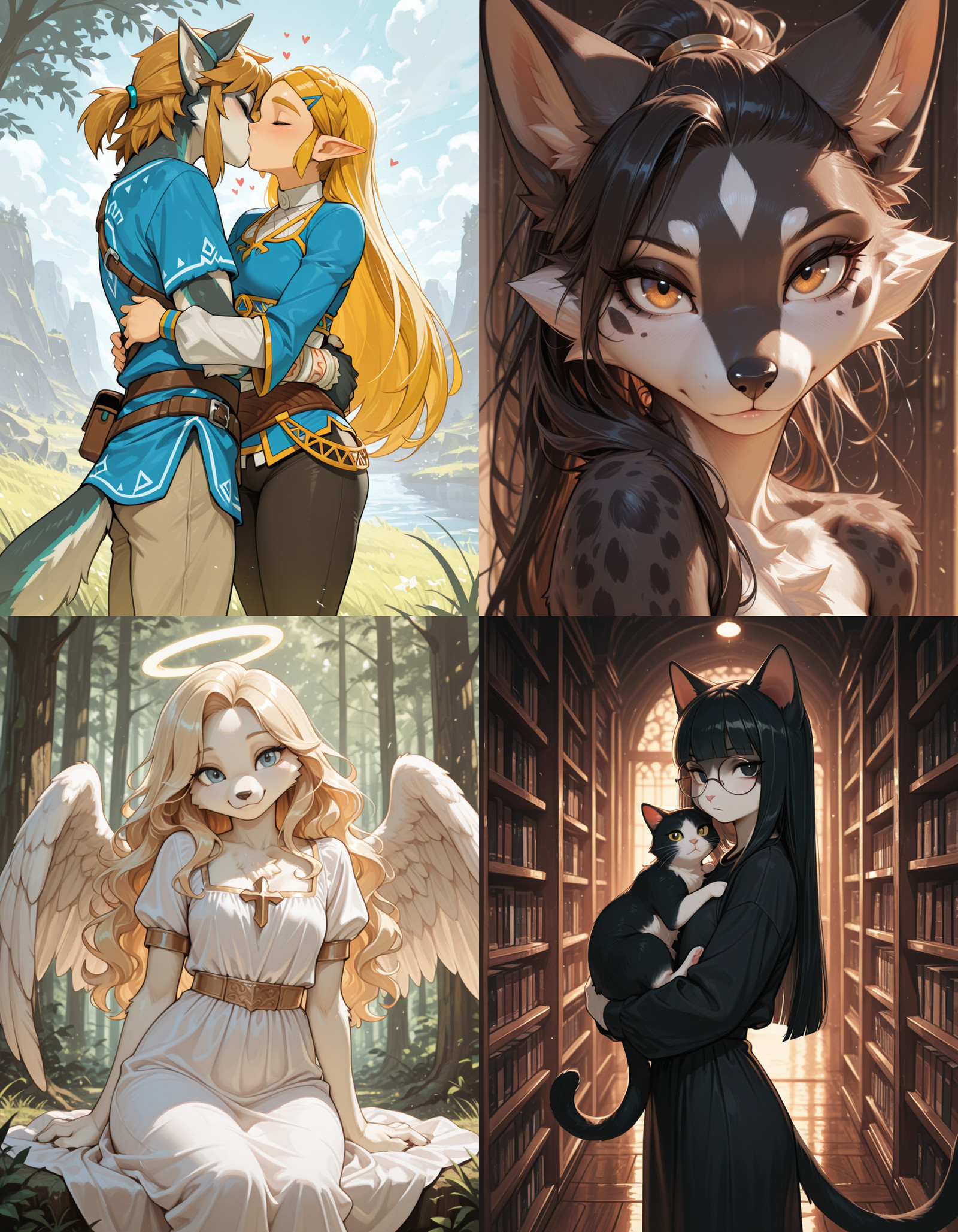 https://civitai.com/articles/8642 __ 1st image: masterpiece, best quality, 1girl, 1boy, princess zelda, the legend of zelda: breath of the wild, standing, kiss, hug, closed eyes, outdoors , furry __ 2nd image: masterpiece, best quality, 1girl, face, portrait, looking at viewer, closed mouth , furry __ 3rd image: masterpiece, best quality, 1girl, solo, blonde hair, wavy hair, angel, angel wings, halo, smile, sitting, forest, white dress , furry __ 4th Image: masterpiece, best quality, 1girl, solo, long hair, black hair, blunt bangs, straight hair, round eyewear, cat girl, cat ears, cat tail, standing, holding cat, cat, looking at viewer, library, dark, dim lighting , furry